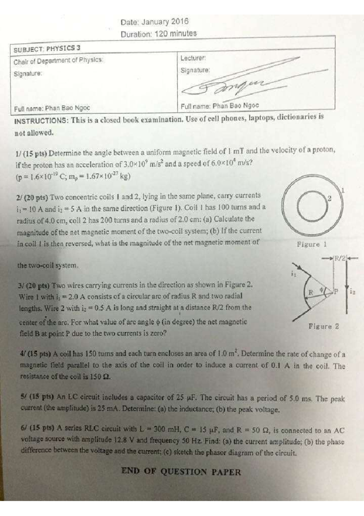 PHYS 3 Final Exam: January 2016 Magnetic Field & Circuit Analysis - Studocu