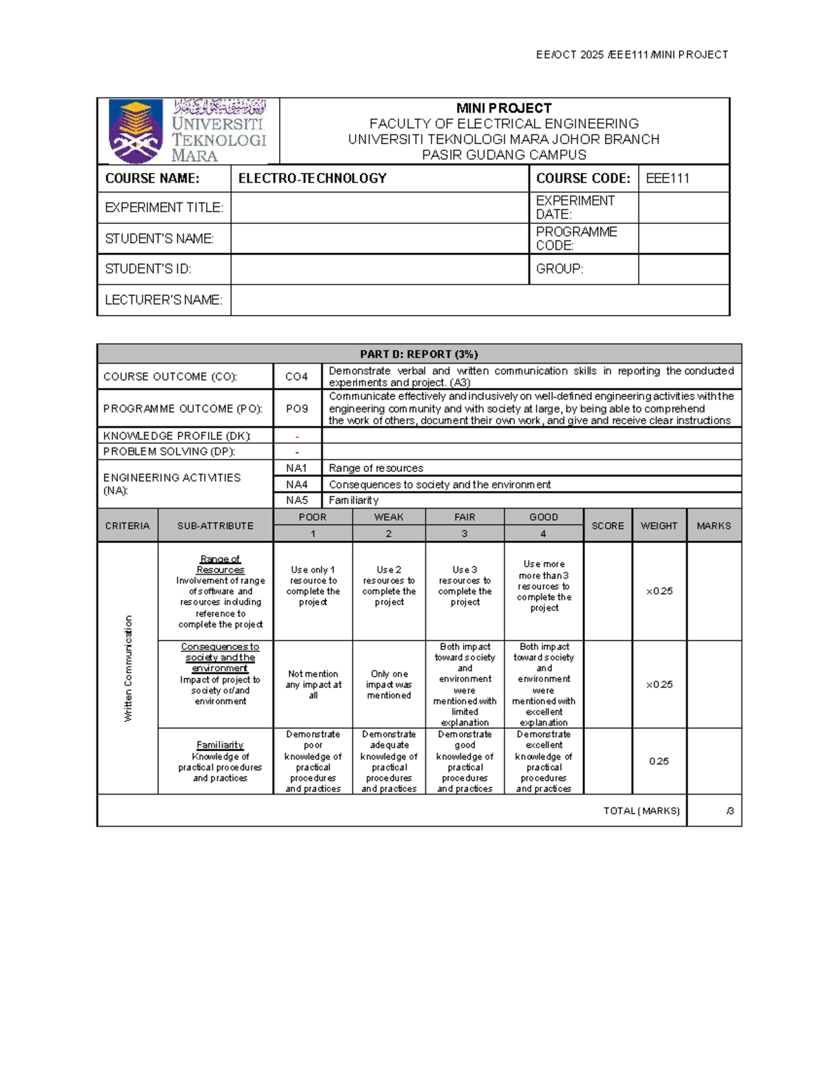 EEE111 Mini Project Report Rubric - Oct 2025 - Studocu