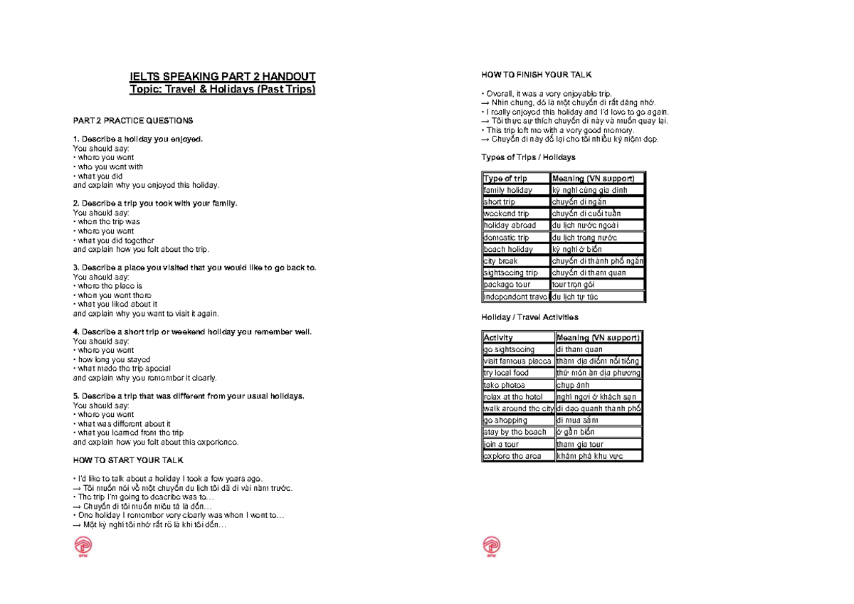 IELTS Speaking Part 2 Handout: Travel & Holidays Tips - Studocu