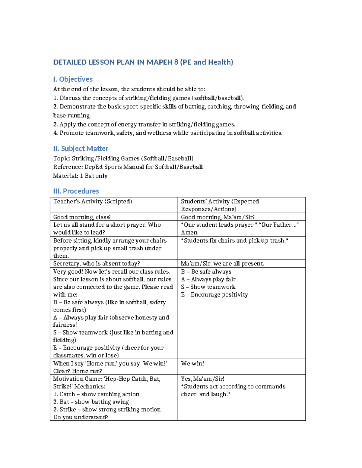 DLP MAPEH 8: Softball Lesson Plan on Striking & Fielding - Studocu