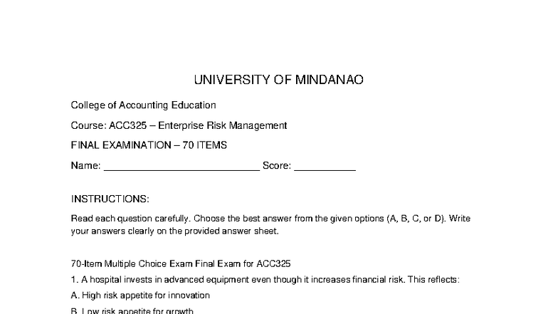 ACC325 Enterprise Risk Management Final Exam Review Guide - Studocu