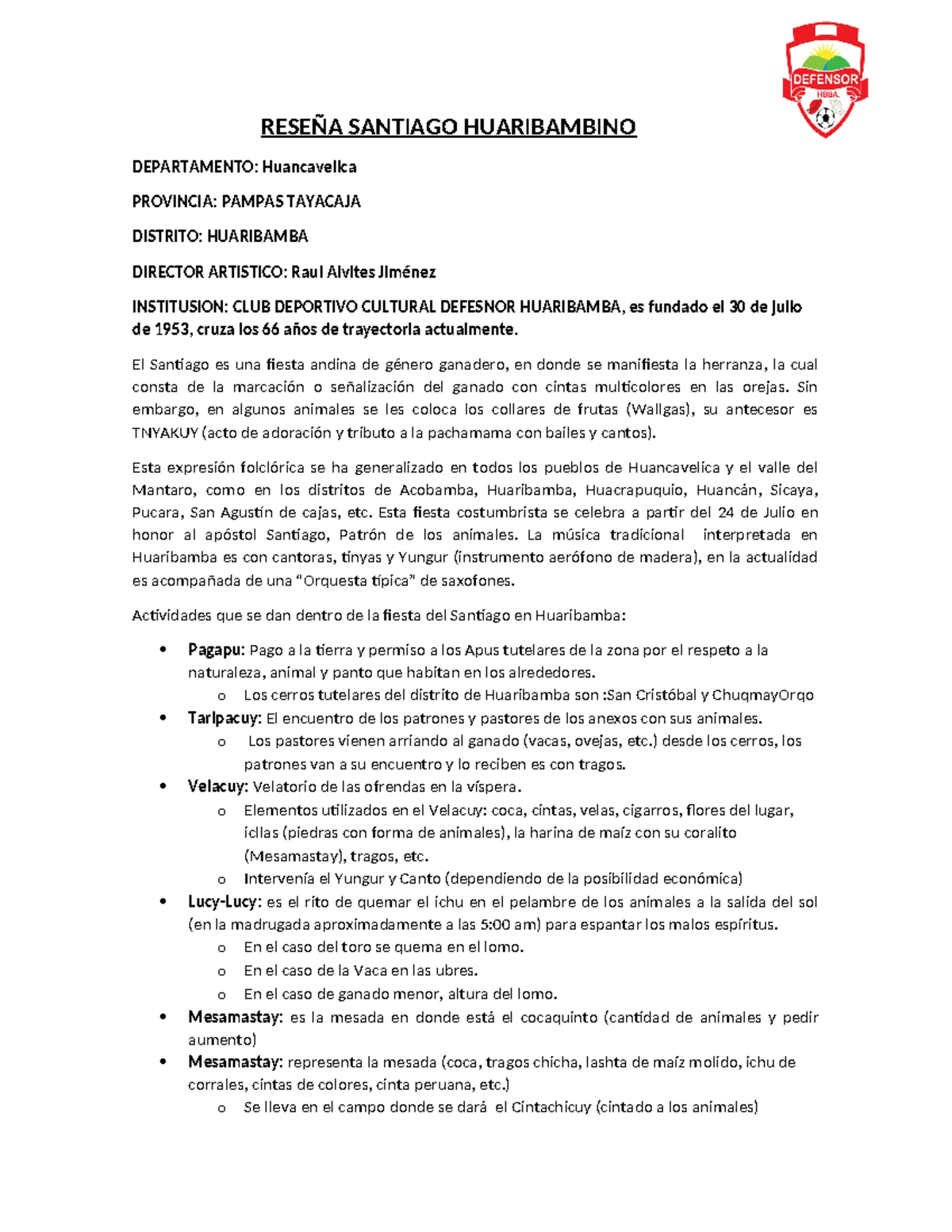 Reseña de la Fiesta Andina Santiago en Huaribamba, Huancavelica - Document Preview