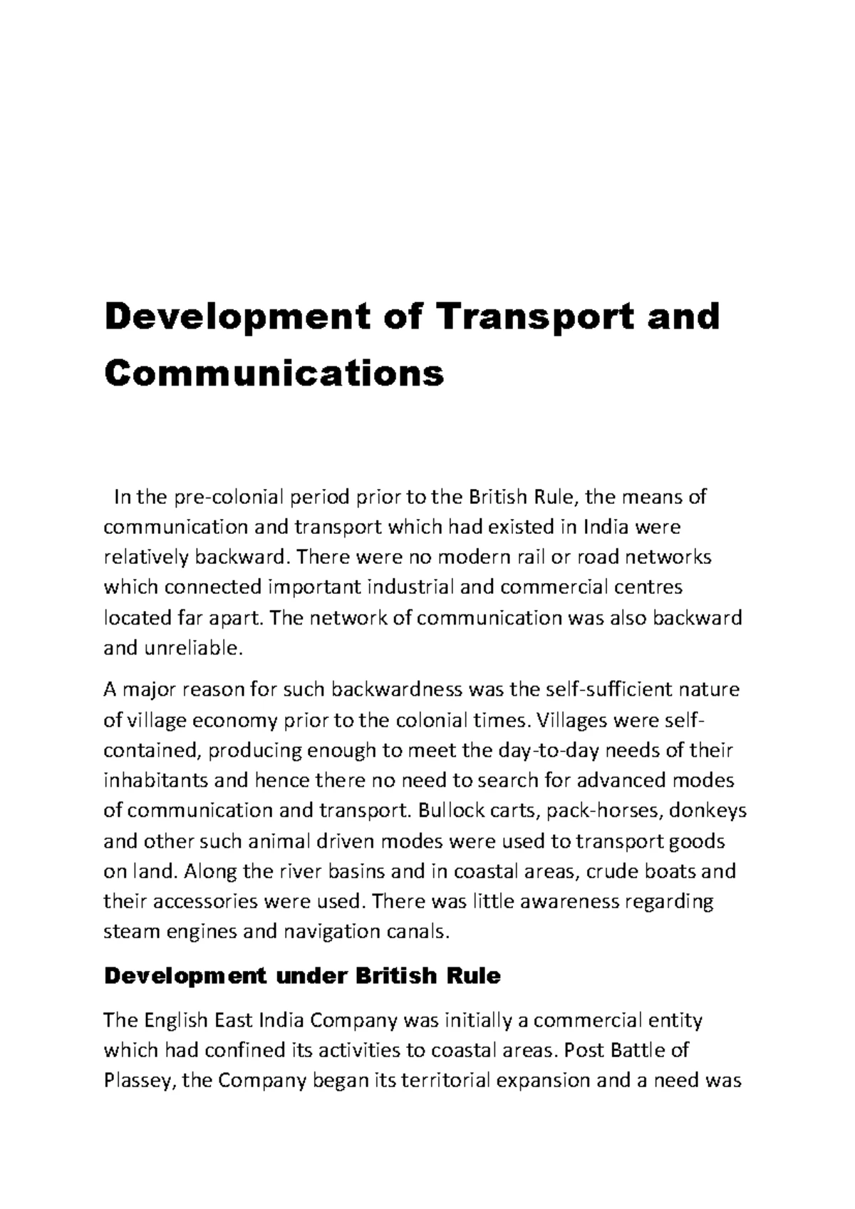 Development of Transport and Communications