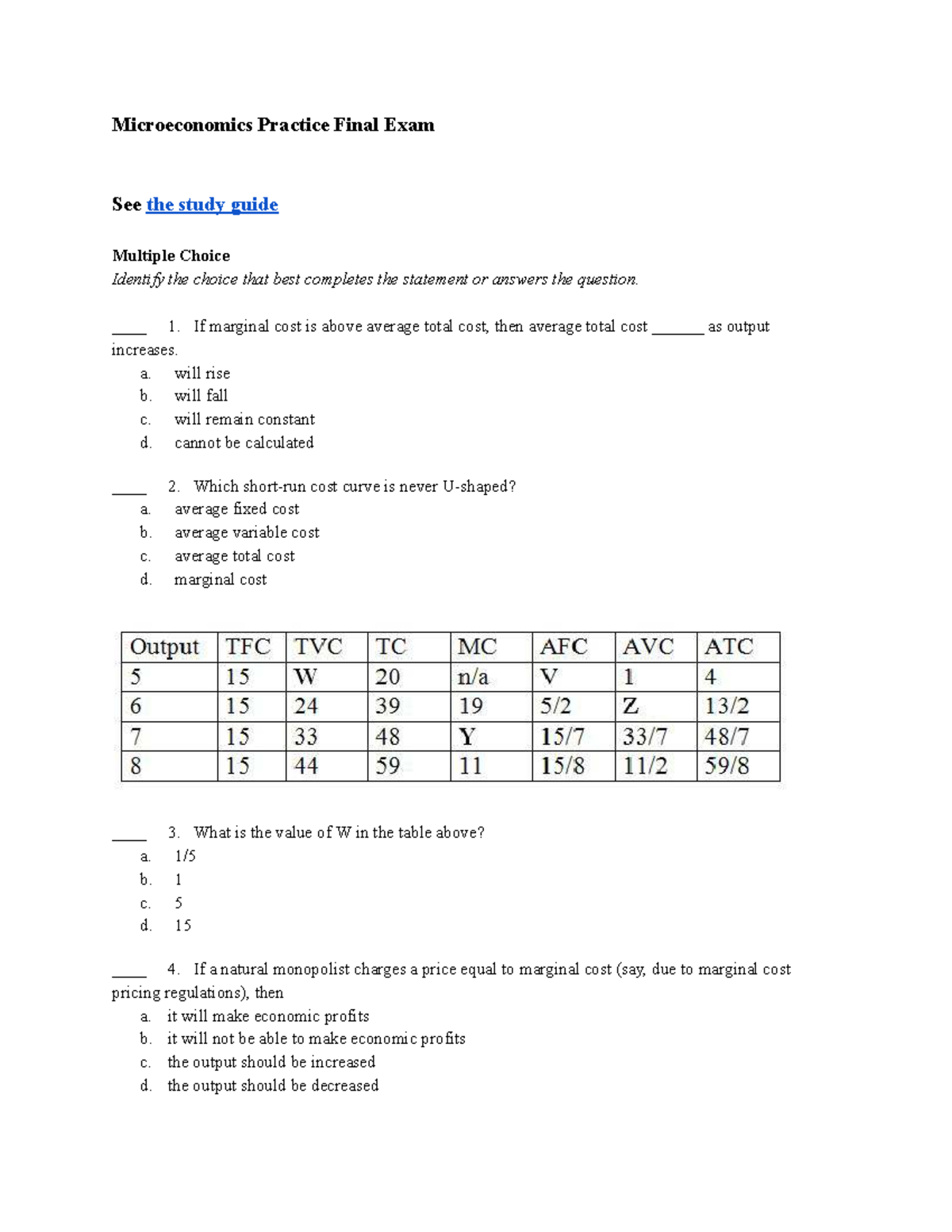 Microeconomics Practice Final Exam Questions - 102 Final Exam - sp24 ...