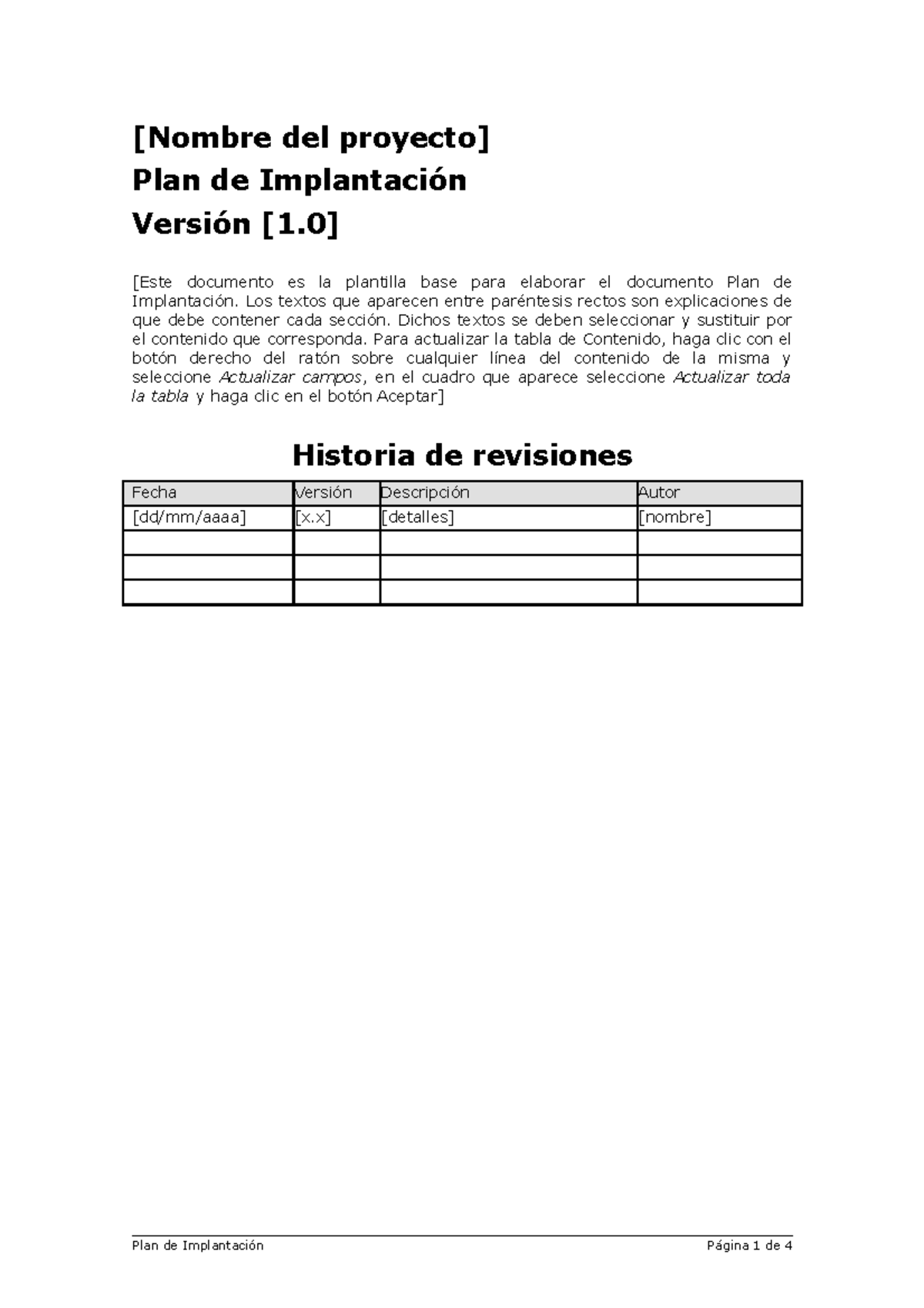 Plantilla para Plan de Implementación del Proyecto - Versión 1.0 - Studocu, image size:1200x1698