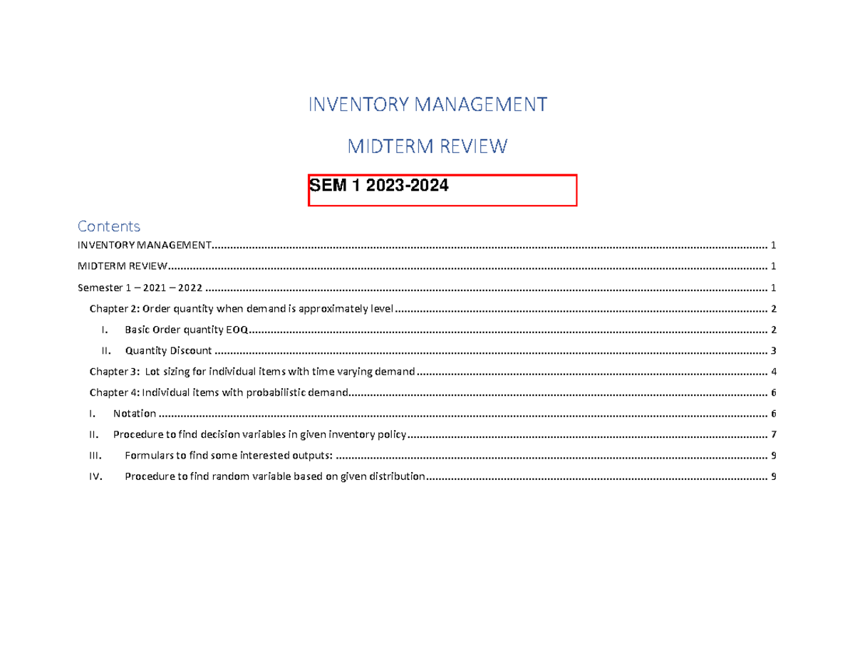 INVENTORY MGMT Midterm Review - Semester 1, 2021 - Studocu