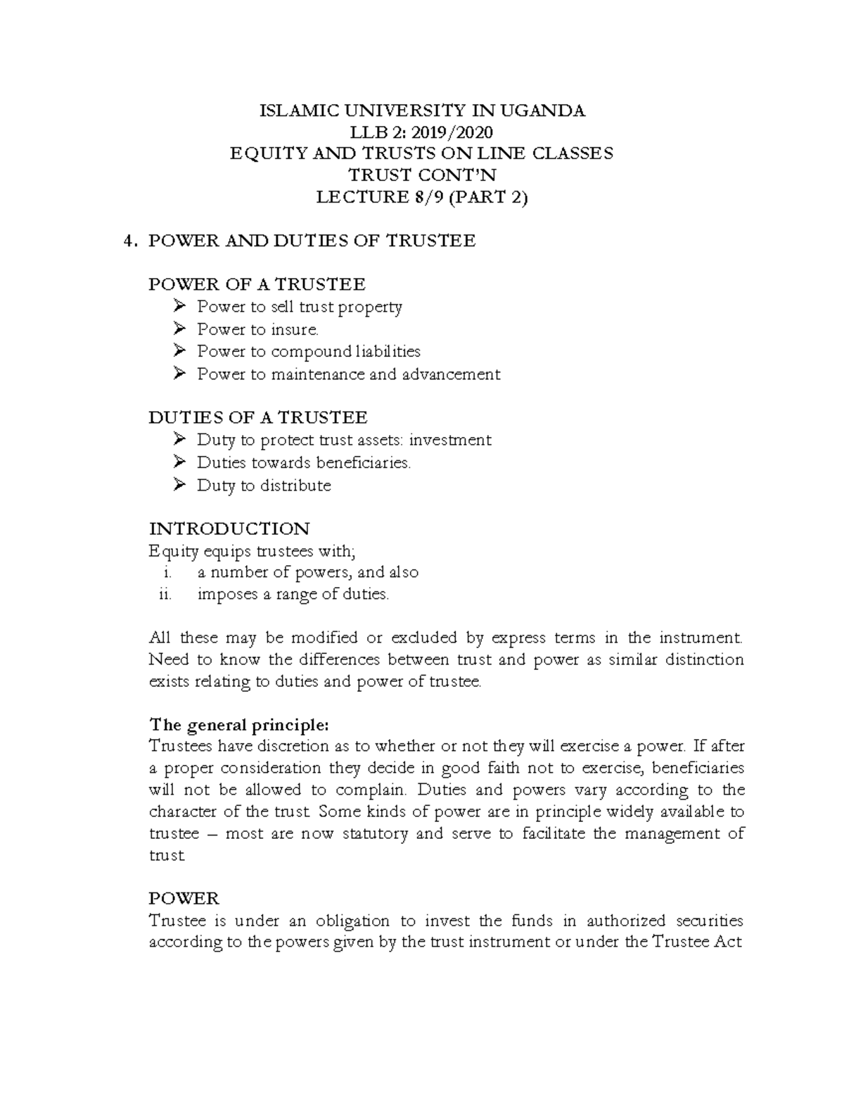 Equity and Trusts LLB 2 Online Class Notes - Power and Duties of ...
