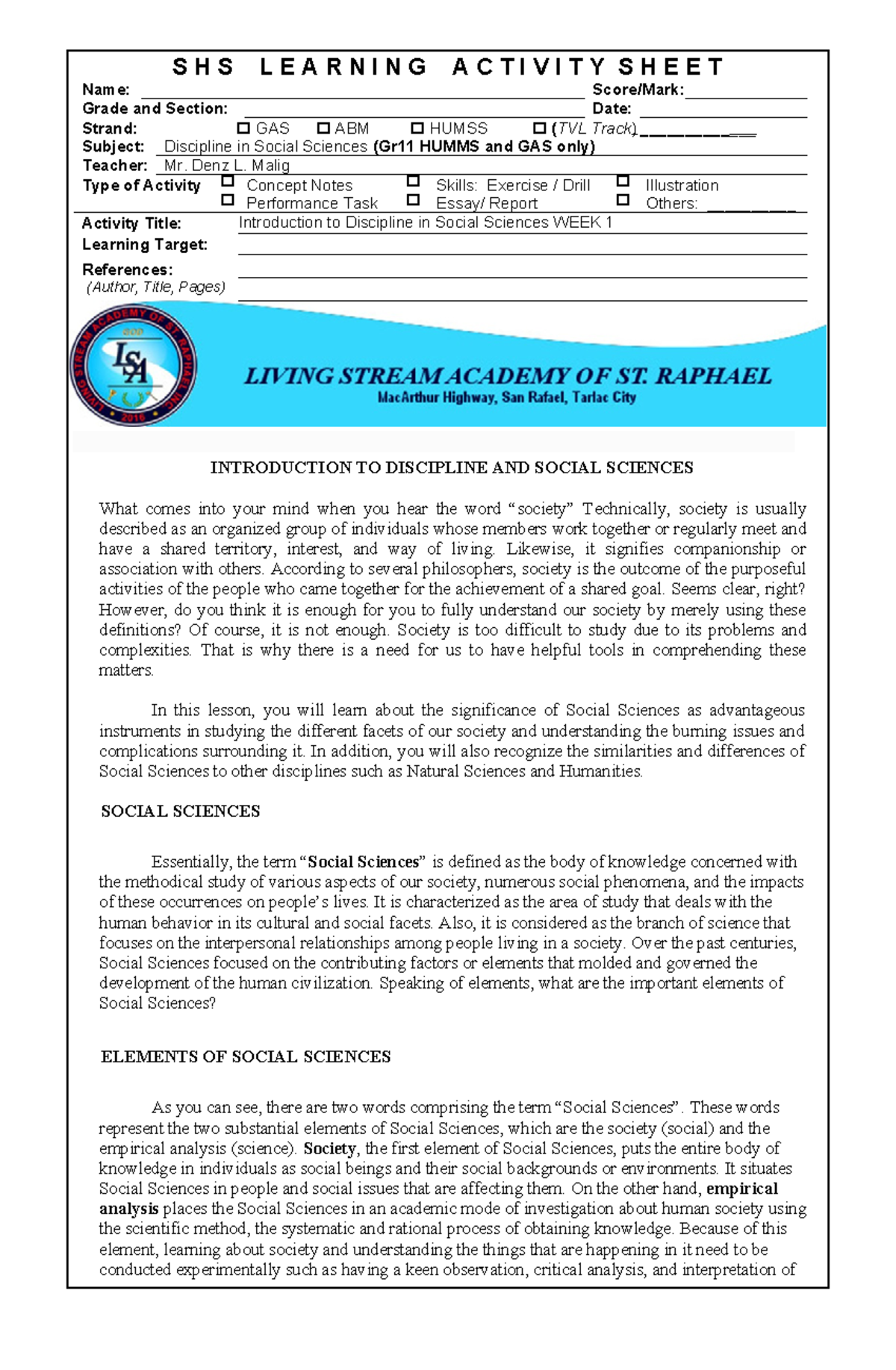 LAS-DISS WEEK 1 - INTRODUCTION TO DISCIPLINE IN SOCIAL SCIENCES - Studocu