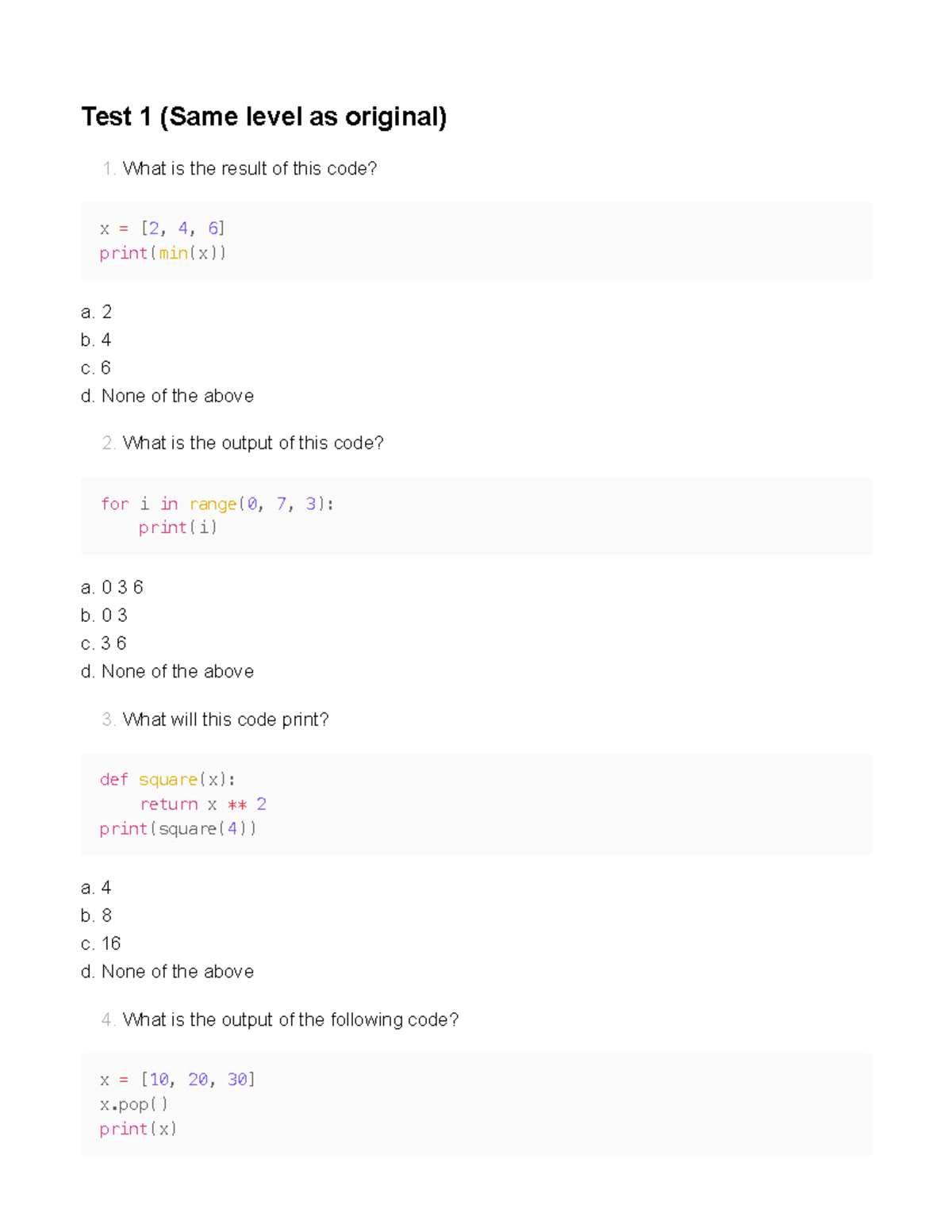 Test 1: Python Code Output Questions and Answers - Studocu