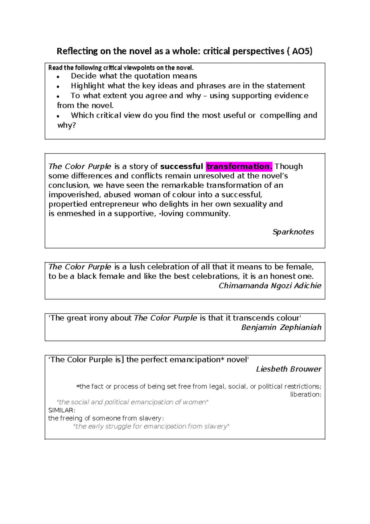 Critical Perspectives on the Ending of The Color Purple (AO5) - Studocu