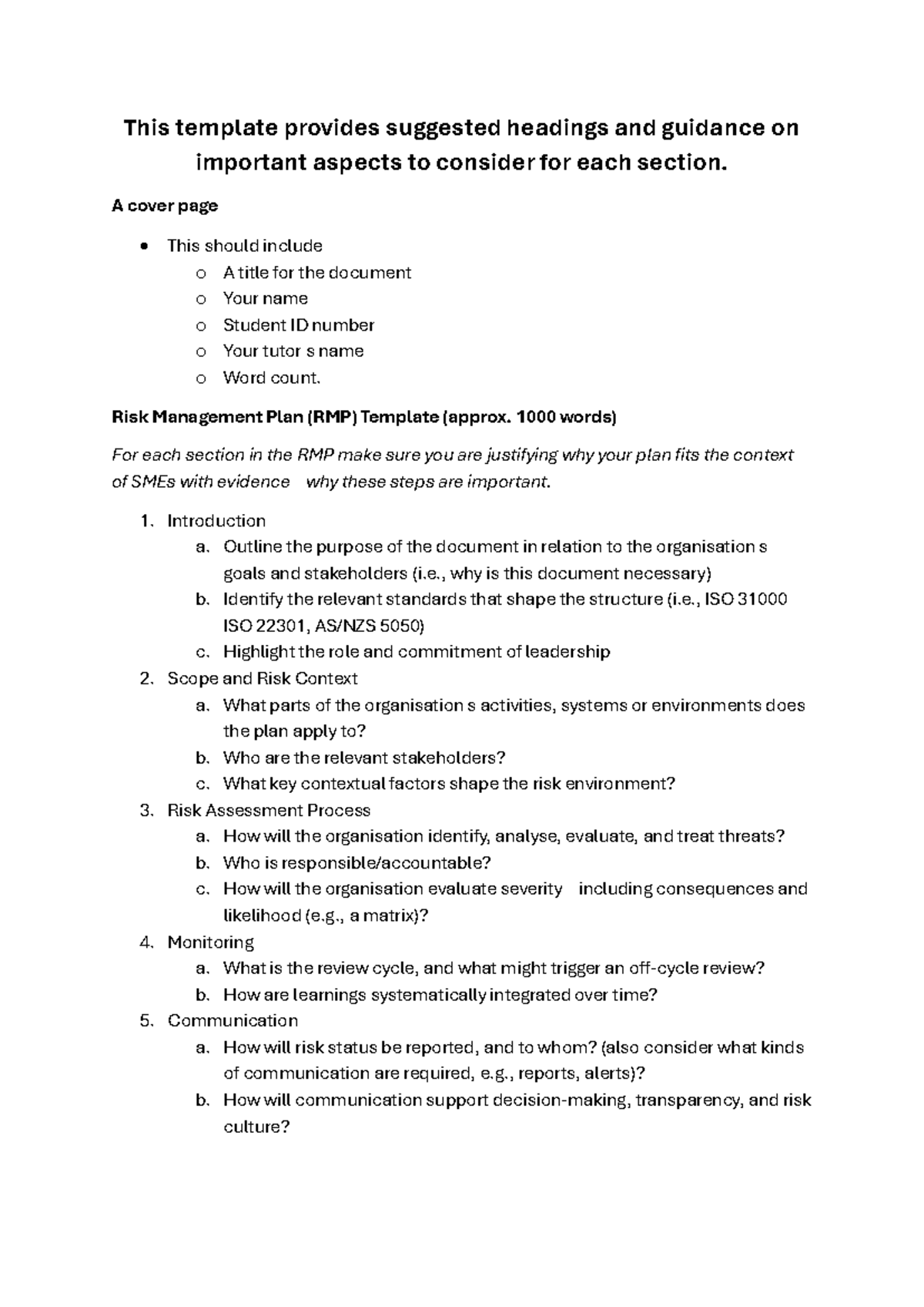 A2 Risk Management Plan (RMP) Template: Guidelines for SMEs - Studocu