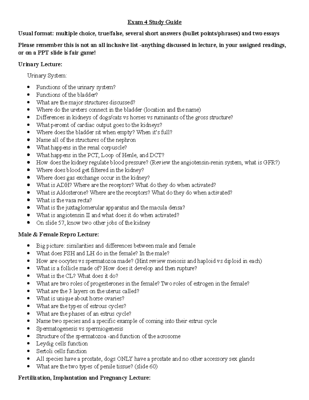 Exam 4 Study Guide: Urinary & Reproductive Systems Overview - Studocu