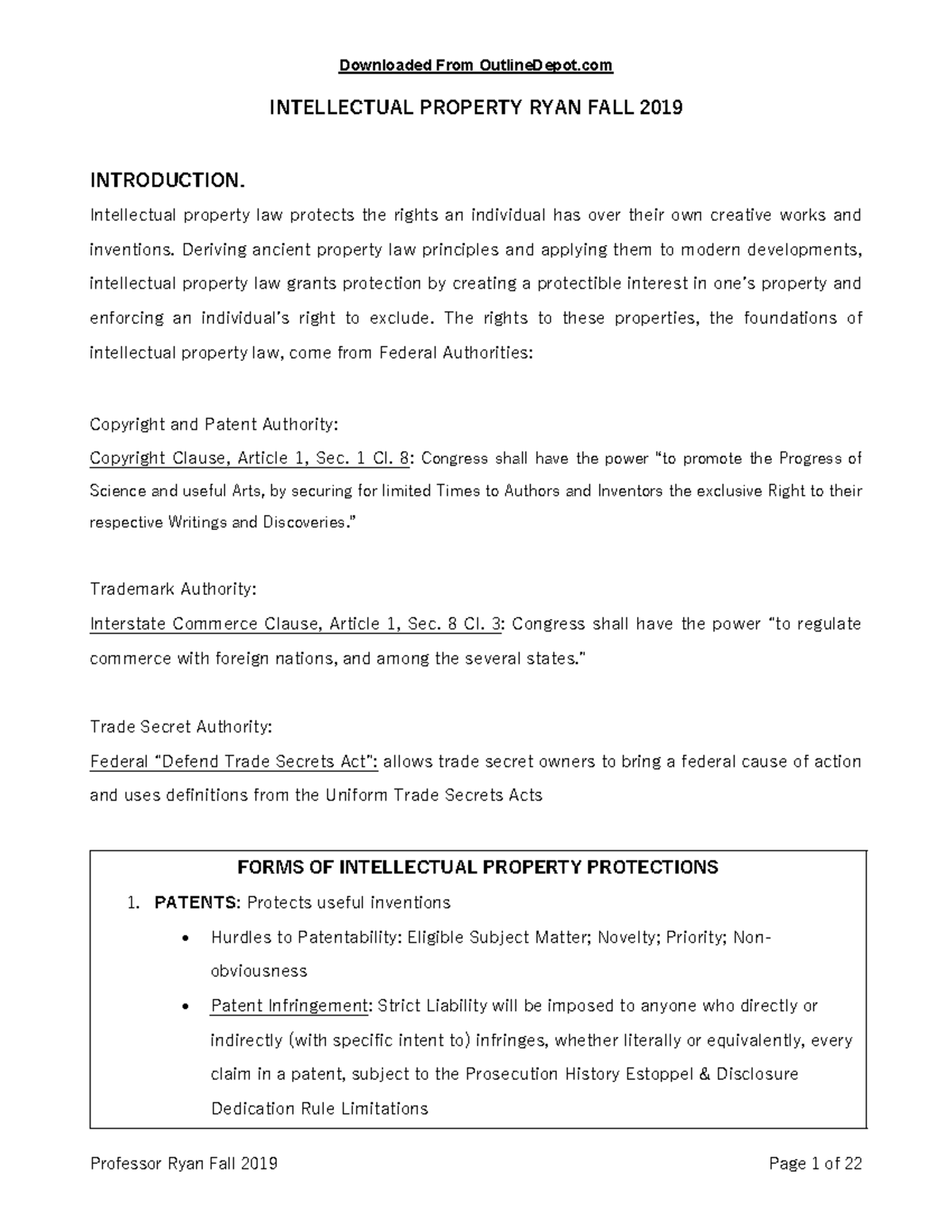 Intellectual Property Law Course Outline - Prof. Ryan Fall 2019 - Studocu