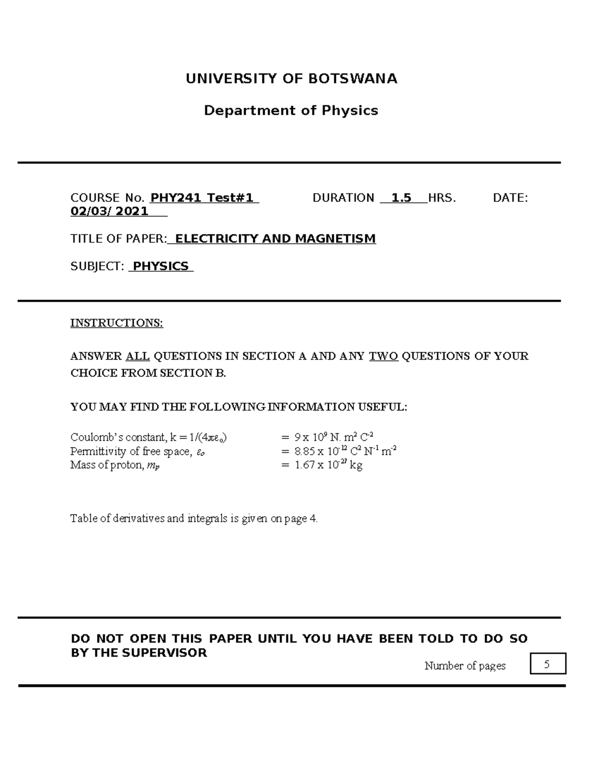 PHY241 - Test 1: Electricity and Magnetism Exam 2021 - Studocu