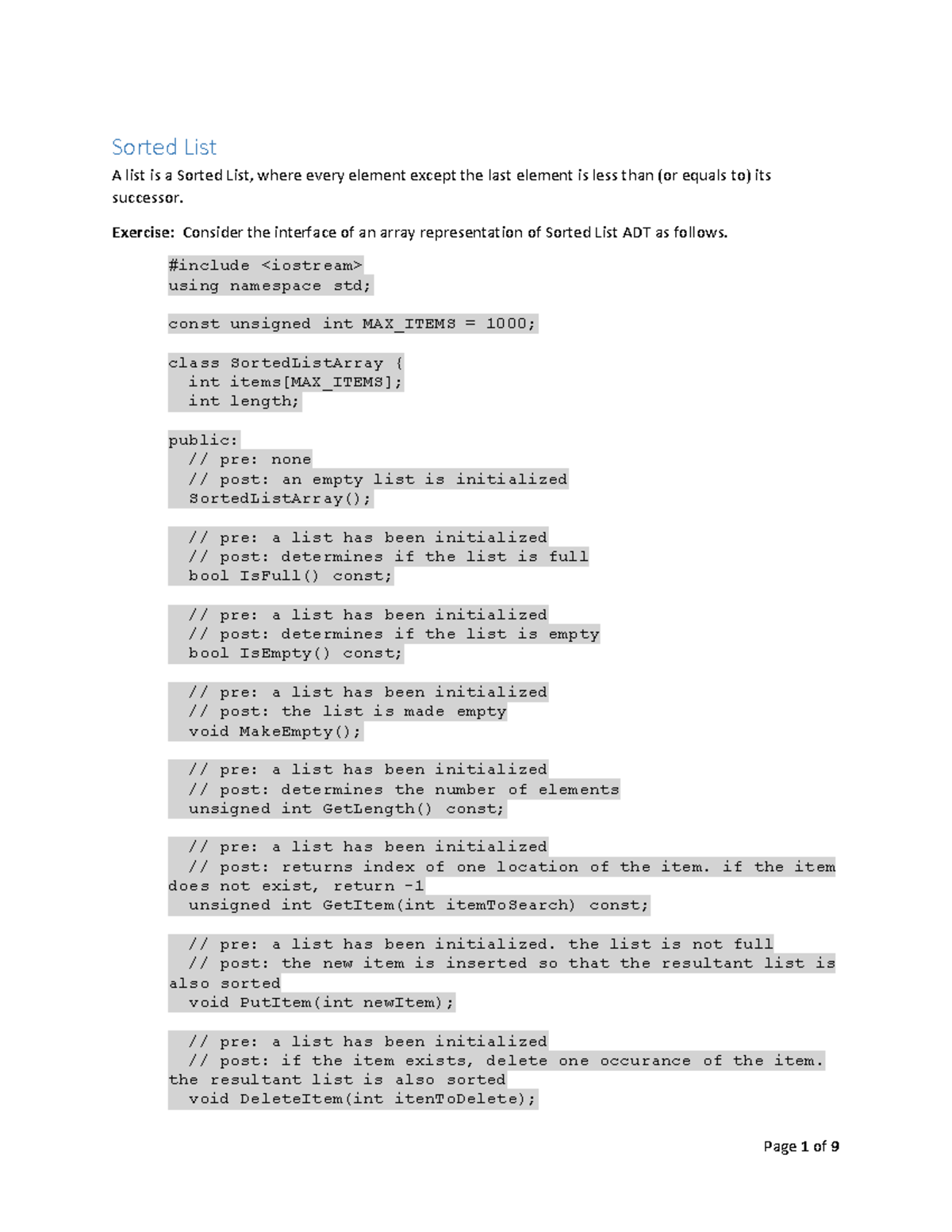 Sorted List ADT implementation and time complexity analysis - Studocu