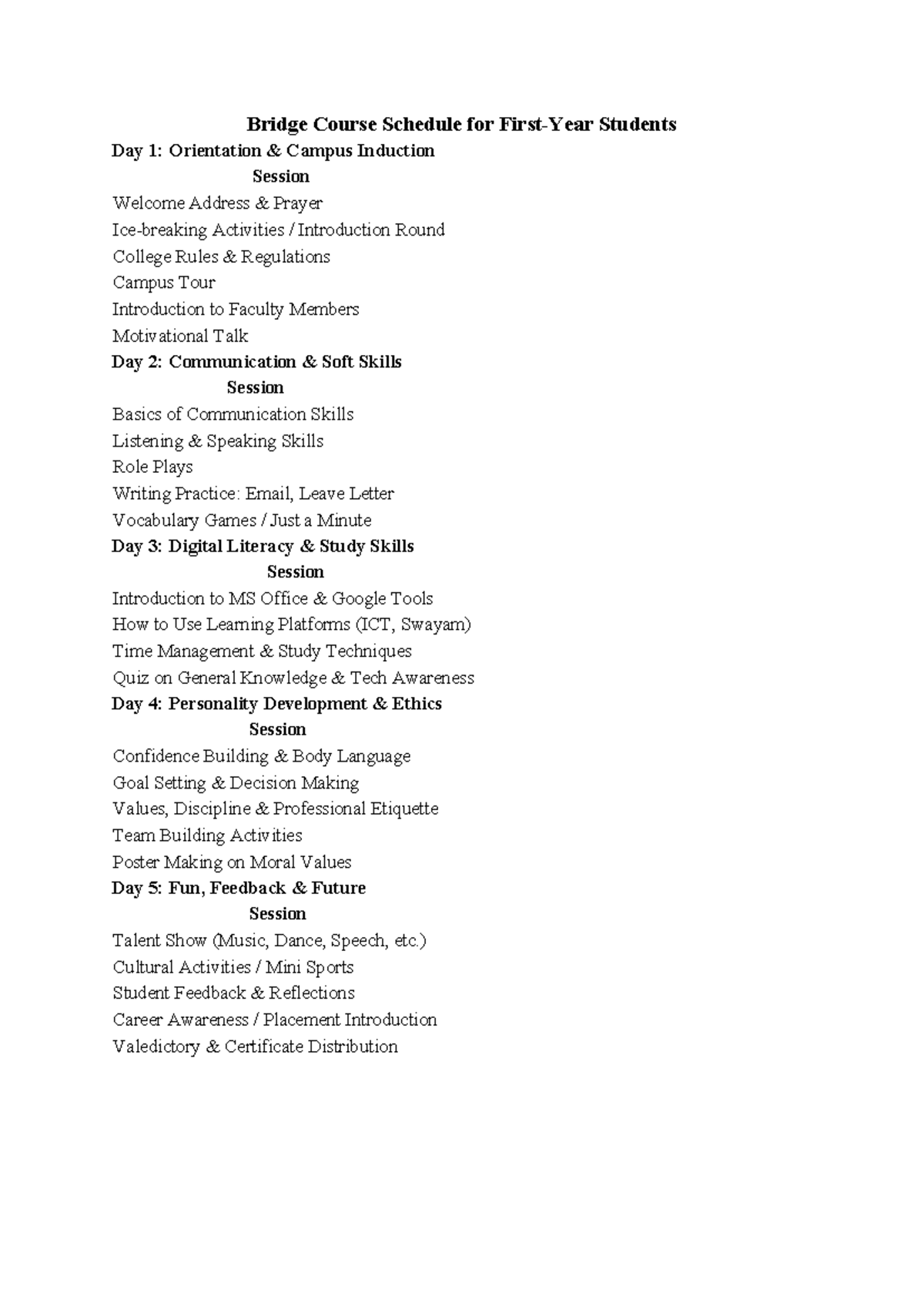 Bridge Course Schedule for Students: Day 1 to Day 5 Activities - Studocu
