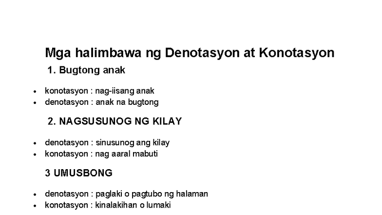 Mga Halimbawa ng Denotasyon at Konotasyon sa Filipino - Studocu