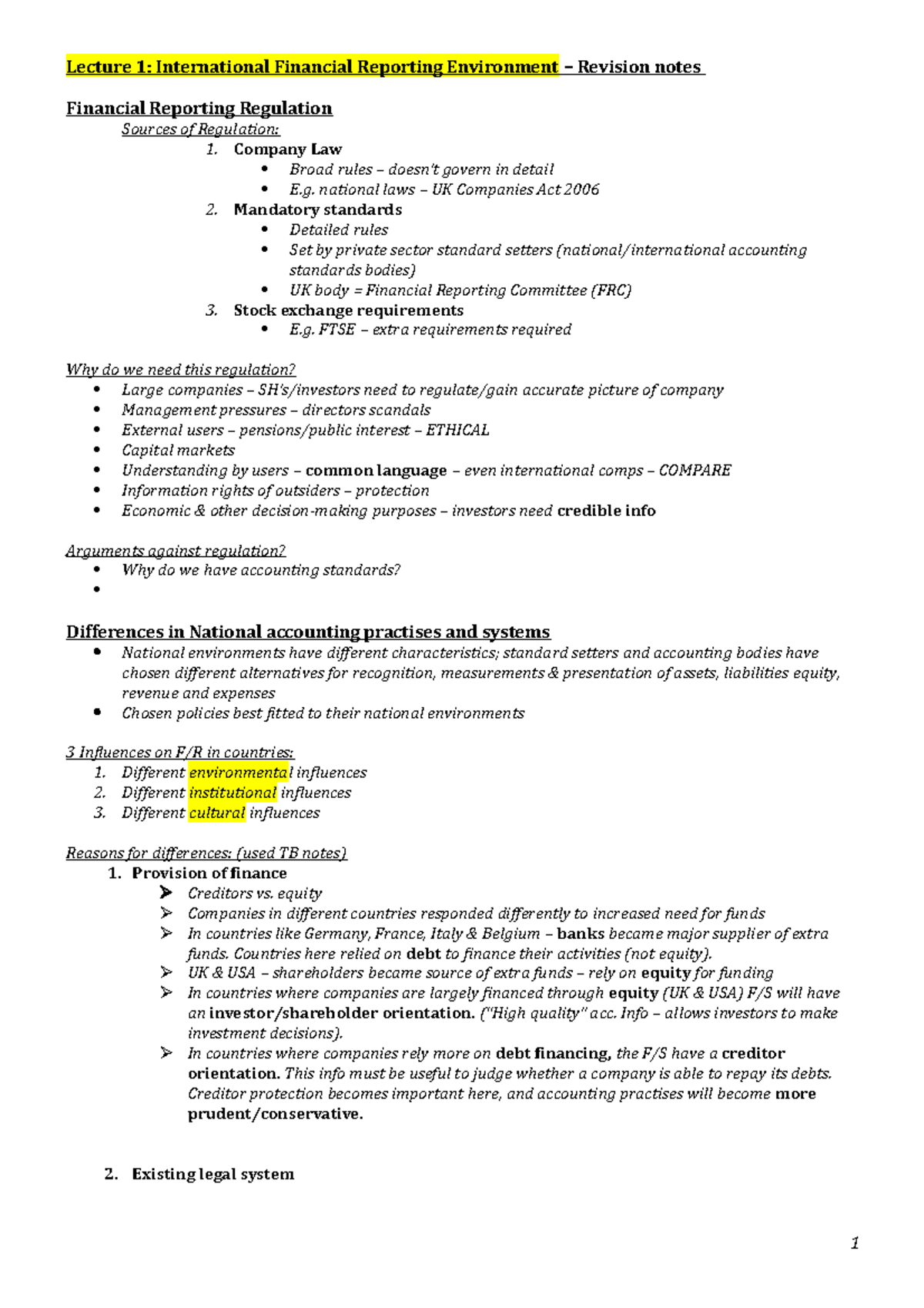 Lecture 1 Rev notes - Lecture 1: International Financial Reporting ...