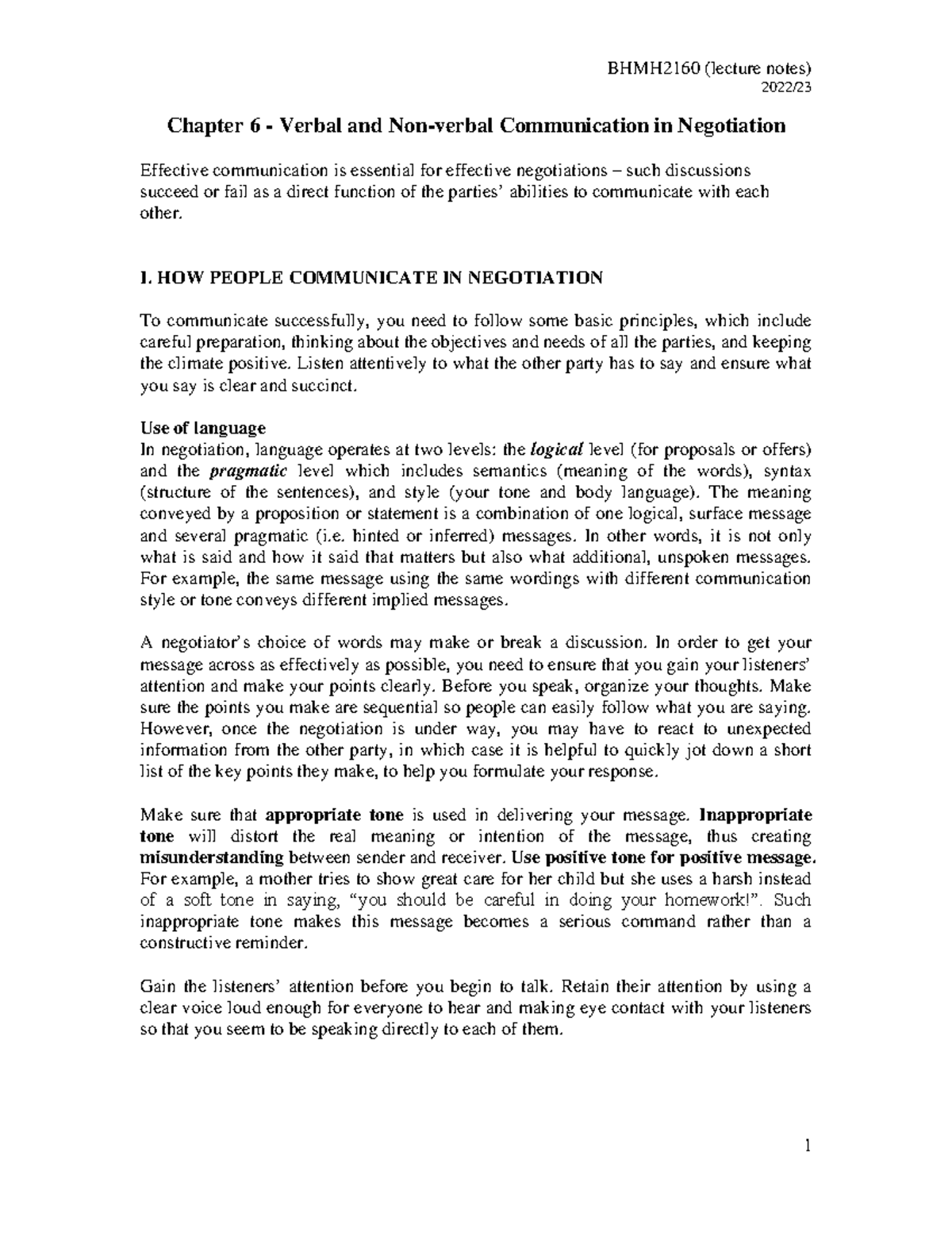 BHMH2160 Lecture Notes: Chapter 6 - Verbal & Communication in ...