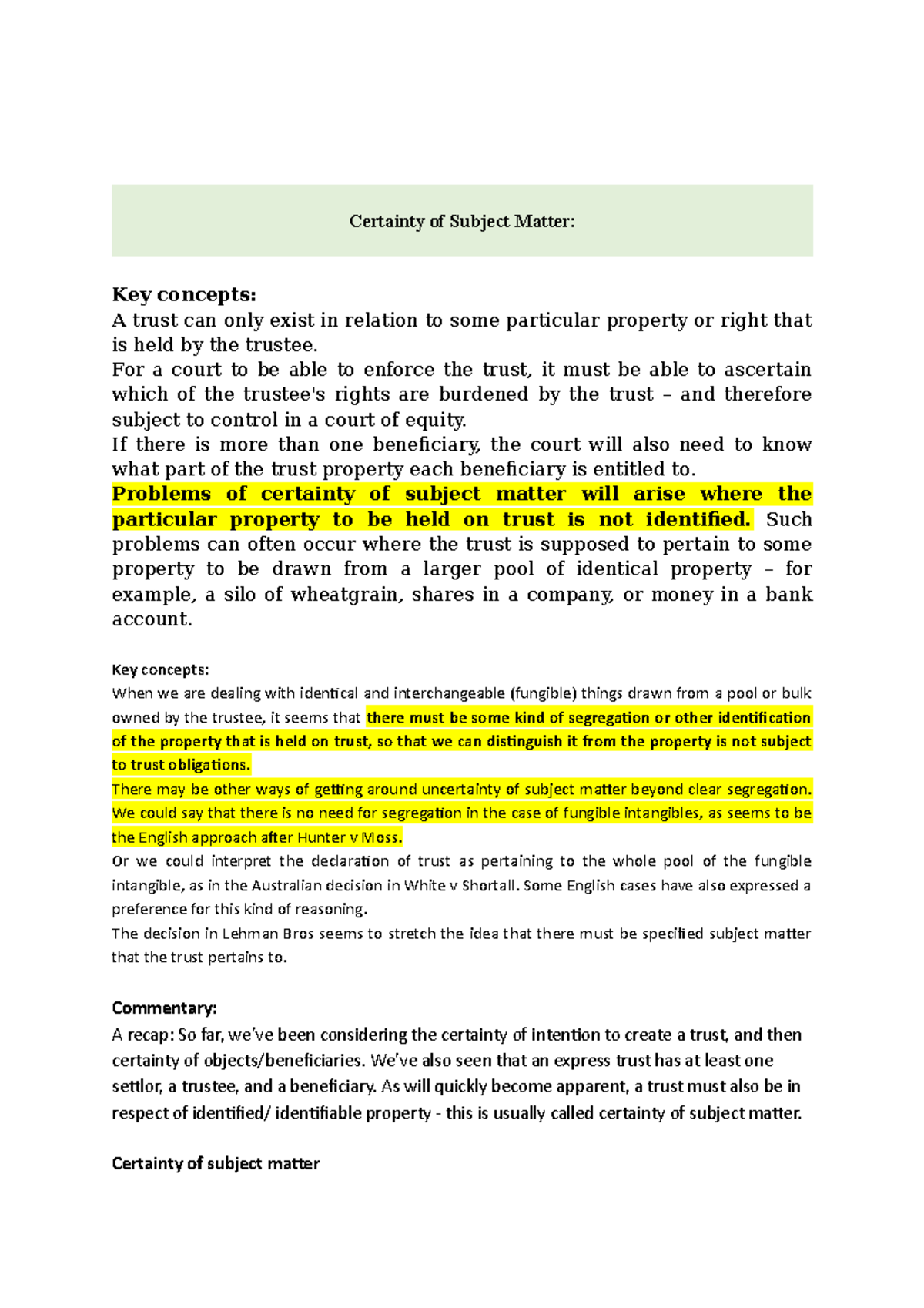 Certainty of Subject Matter in Trust Law: Key Concepts & Cases - Studocu