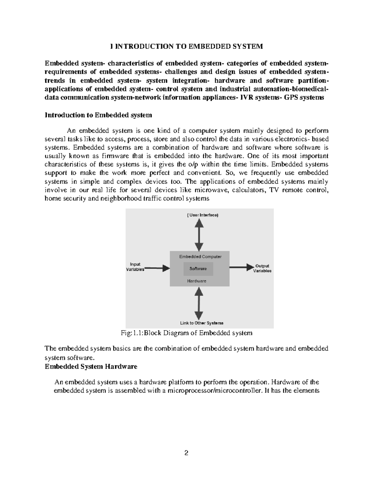 UNIT-1 OF Embedded Systems - I INTRODUCTION TO EMBEDDED SYSTEM Embedded ...