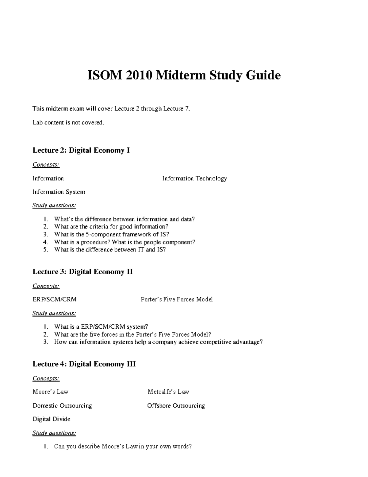 ISOM 2010 Midterm Exam Study Guide: Lectures 2-7 Overview - Studocu