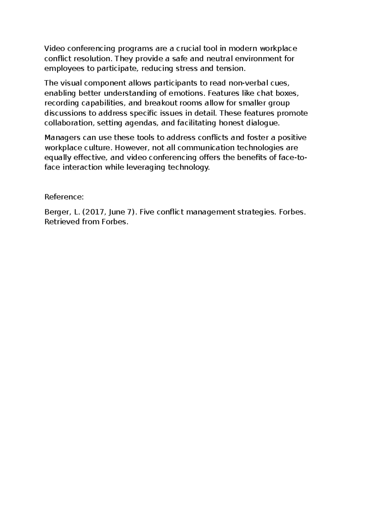 Week 5 Discussion Post Reponse 4 - Video conferencing programs are a ...