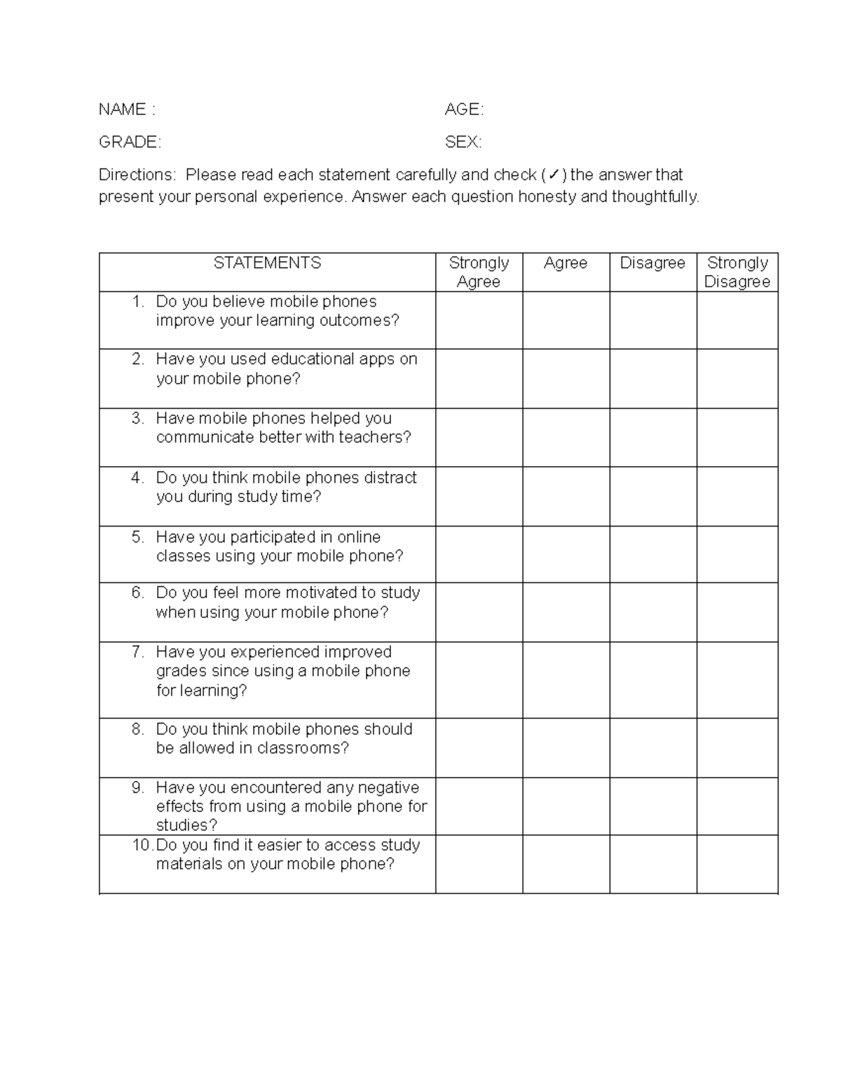 Research Questionnaire 123: Impact of Mobile Phones on Learning - Studocu