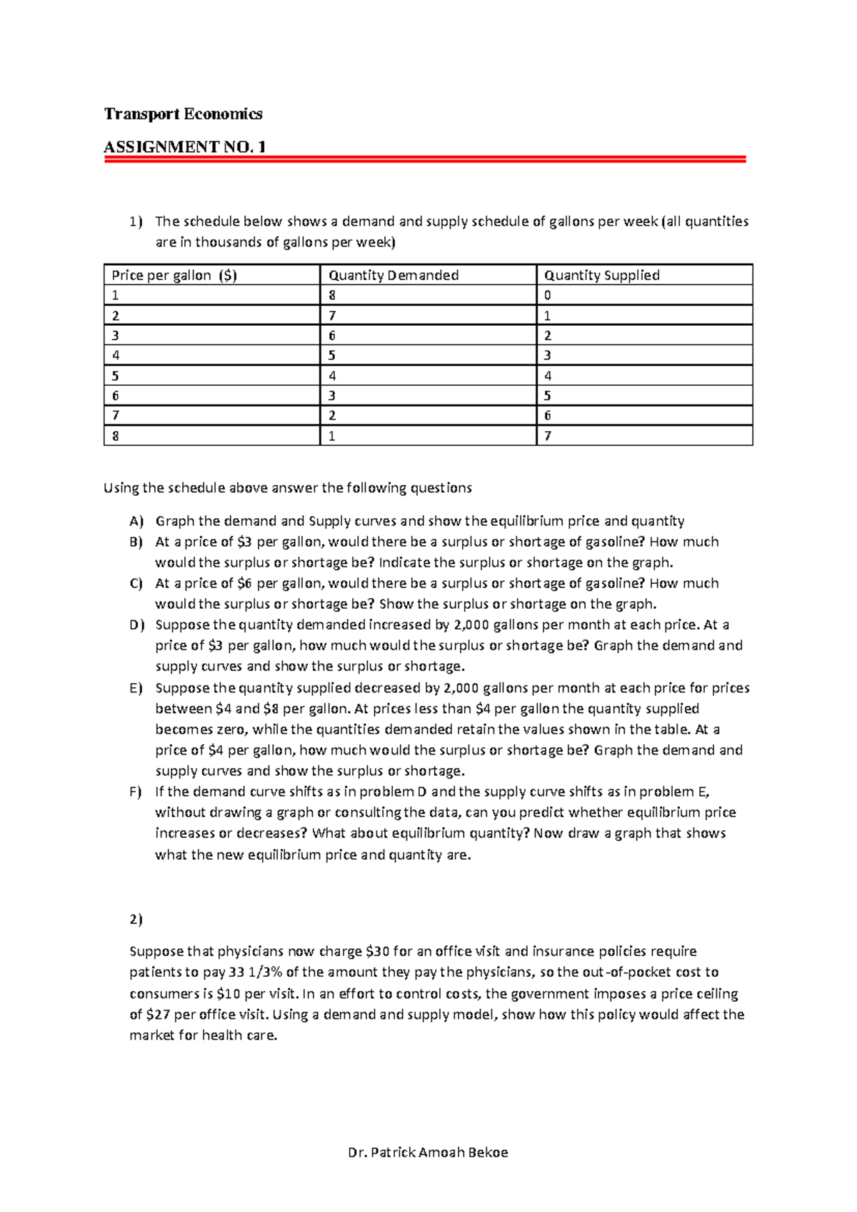 Transport Economics Assignment 1: Demand & Supply Analysis - Studocu