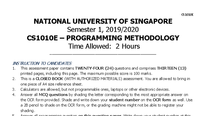 CS1010E Final Exam 2023: Programming Methodology Assessment - Studocu