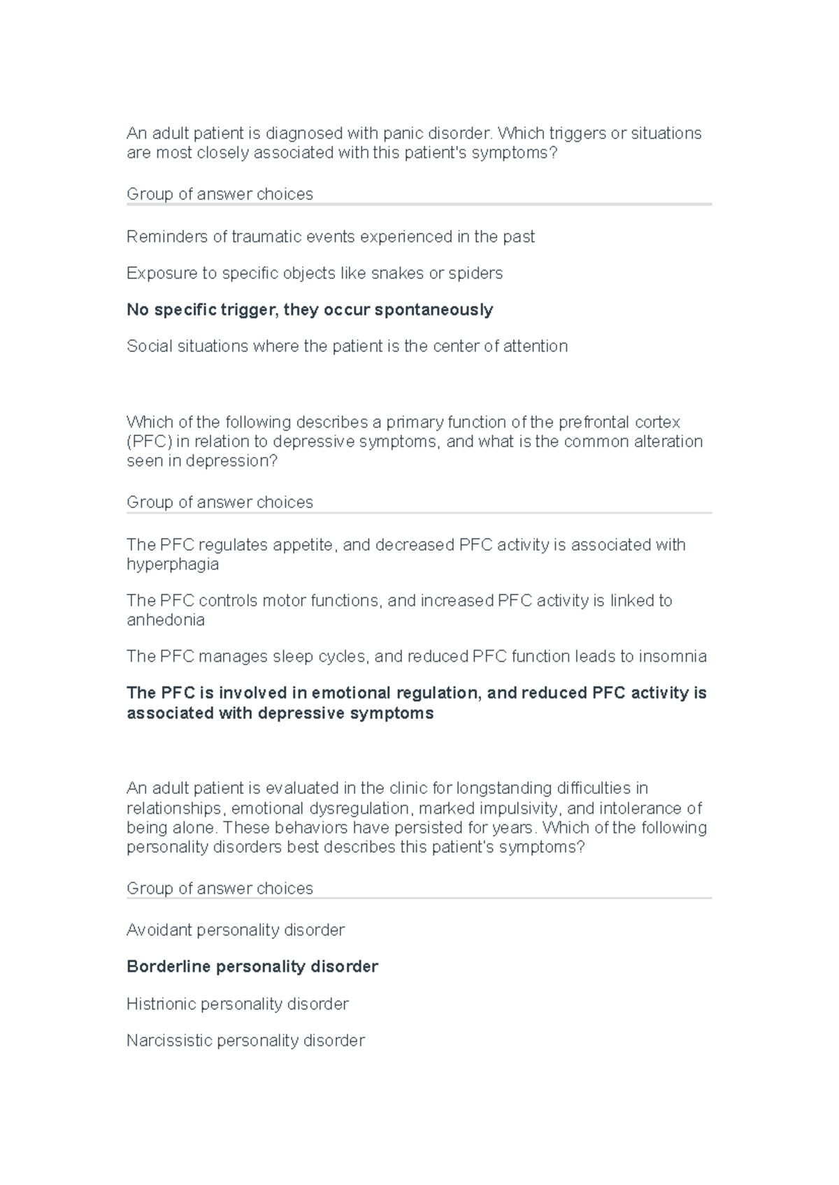Quiz 9 - Nursing: Panic Disorder, PFC Functions, and Anxiety - Studocu