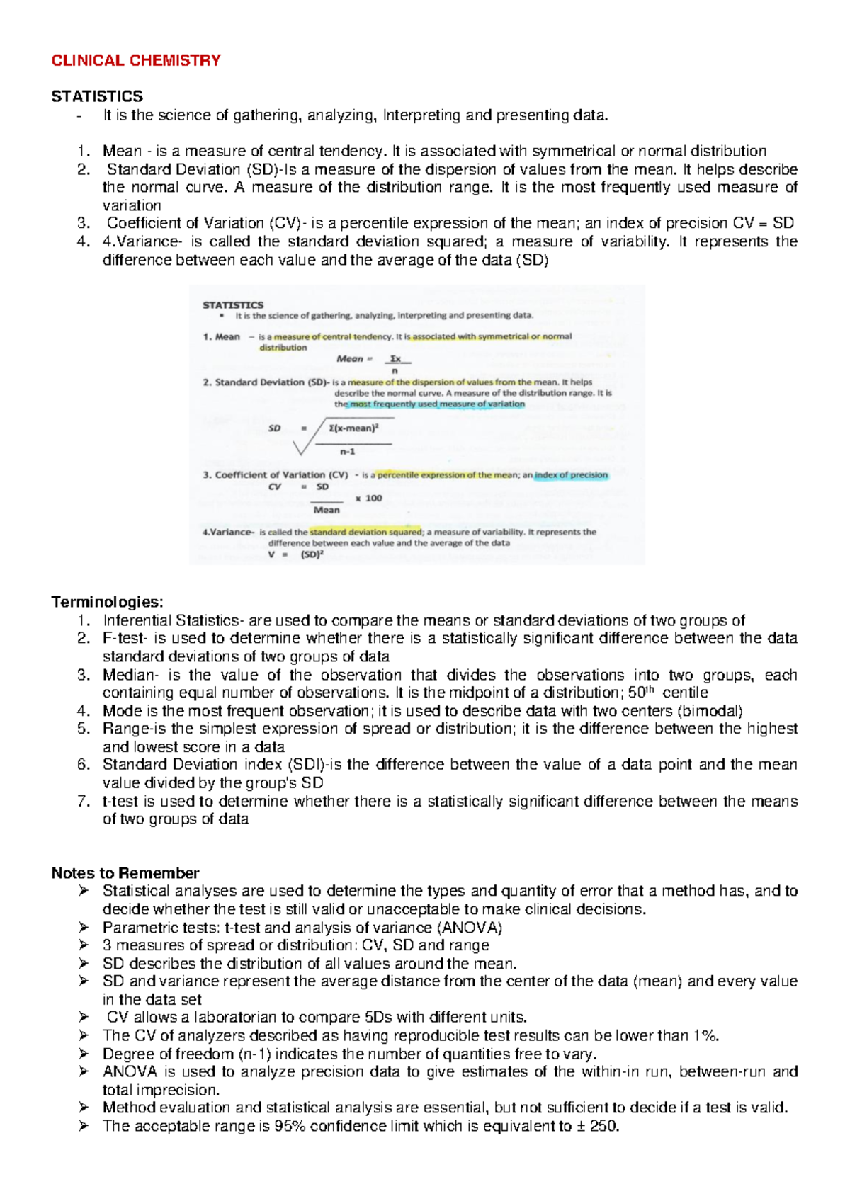 Statistics and Quality Control Chart in Clinical Chemistry (Outline ...