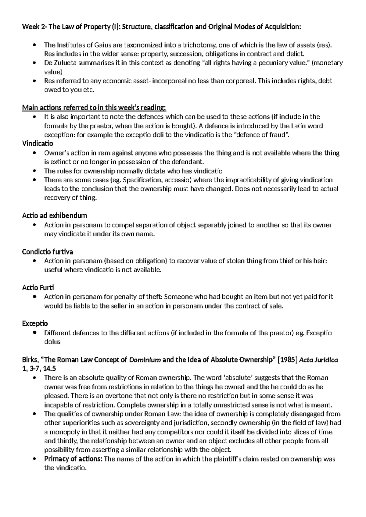 MT23 Week 2 Roman Law: Property Law Notes and Acquisition Methods - Studocu