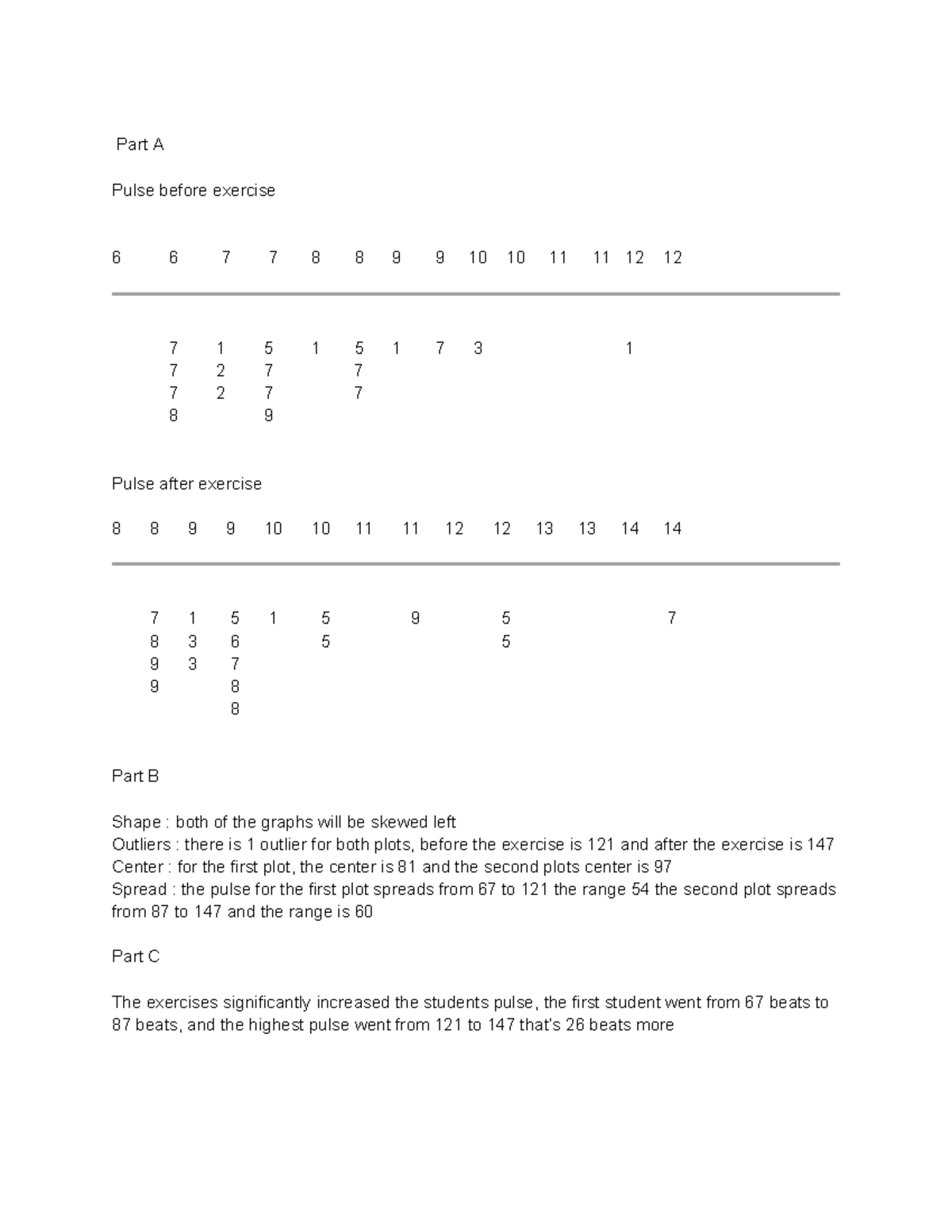 Analysis of Pulse Data Before and After Exercise - Math 1.05 - Studocu