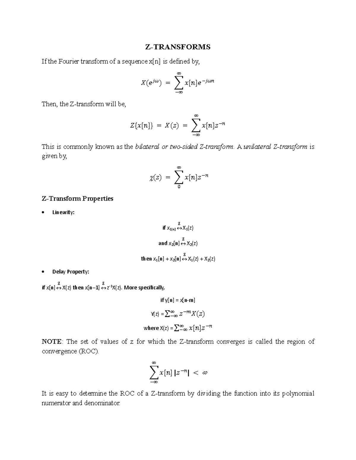 Z-Transform Properties and ROC Analysis - Course Code: ZT101 - Studocu