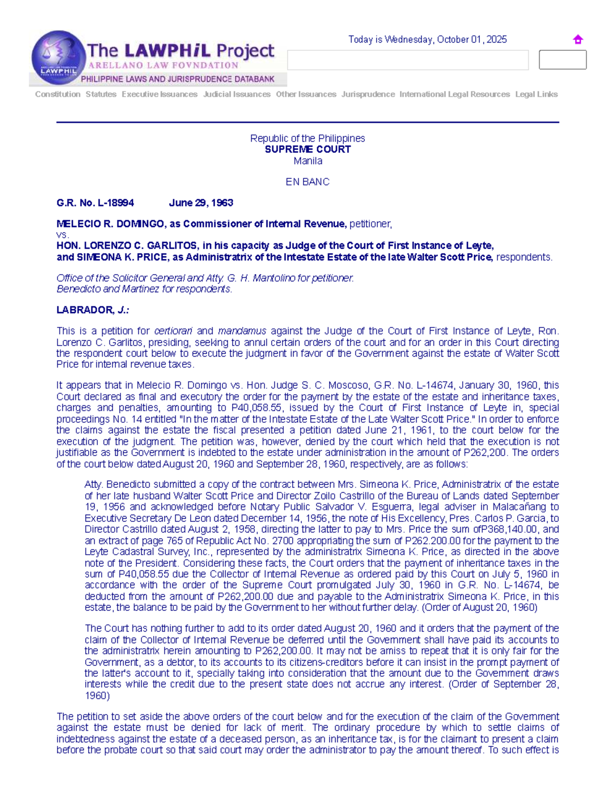 G.R. No. L-18994: Petition for Certiorari and Mandamus on Estate Tax ...