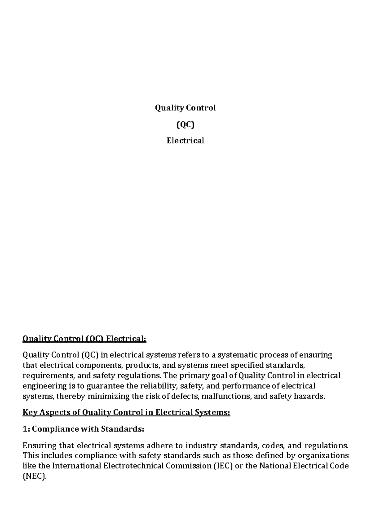 Quality Control (QC) in Electrical Systems: An Overview - Studocu