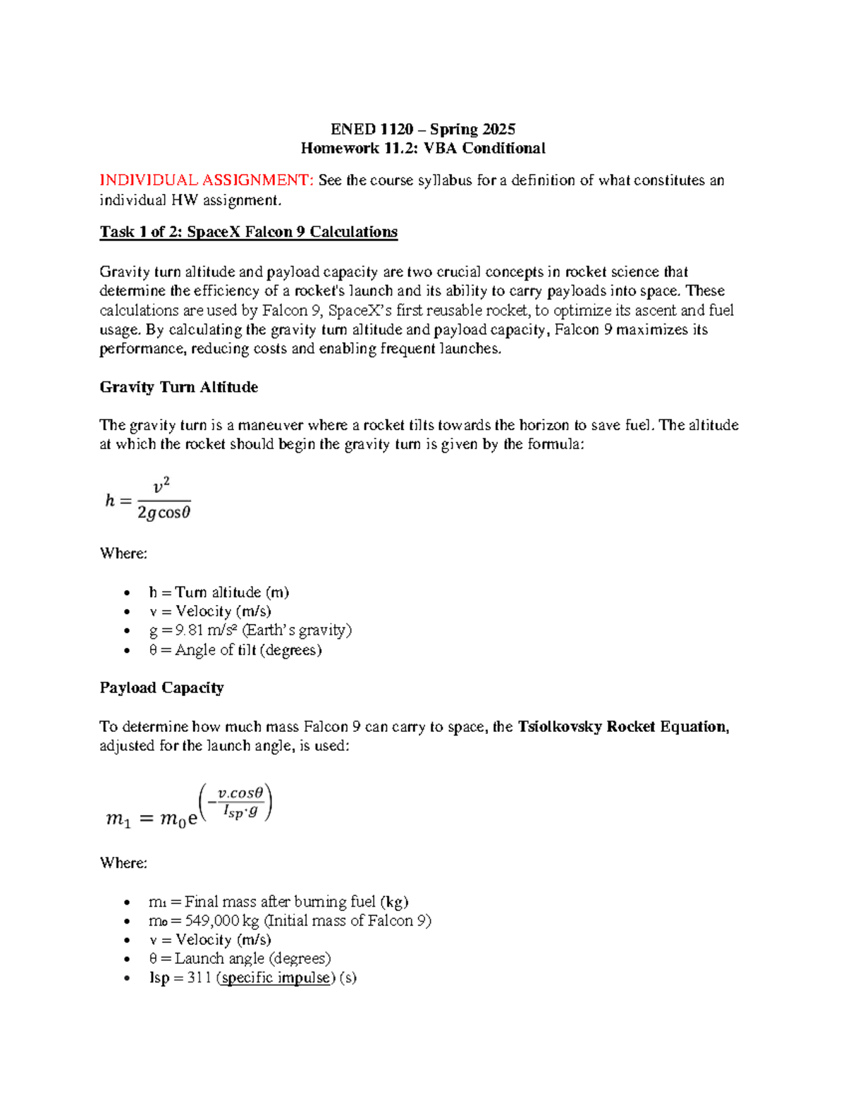 ENED 1120 Spring 2025 Homework 11.2: Falcon 9 calculations and VBA ...