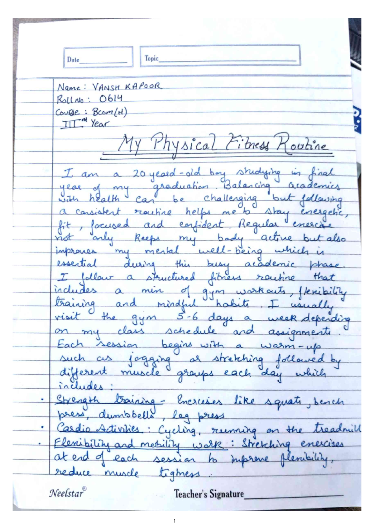 BCOM(H) Final Year: My Physical Fitness Routine Assignment - Studocu