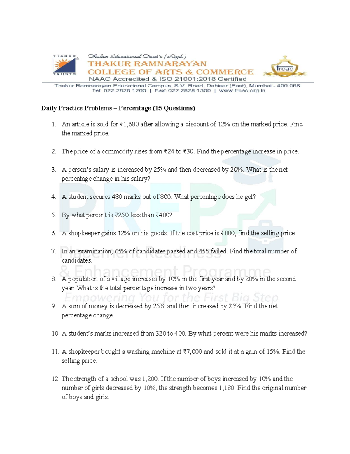Practice Problems 1b (Percentage) - Daily Questions and Solutions - Studocu