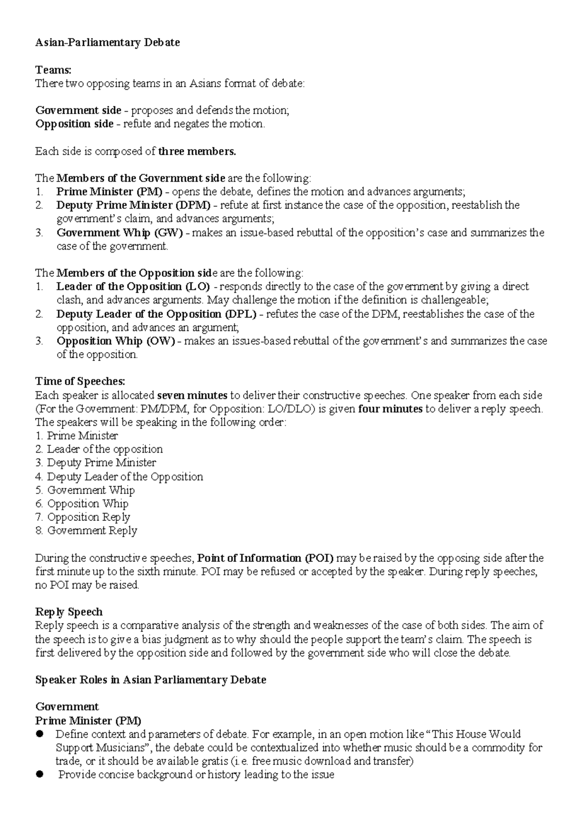 Asian Parliamentary Debate Structure and Speaker Roles - Studocu