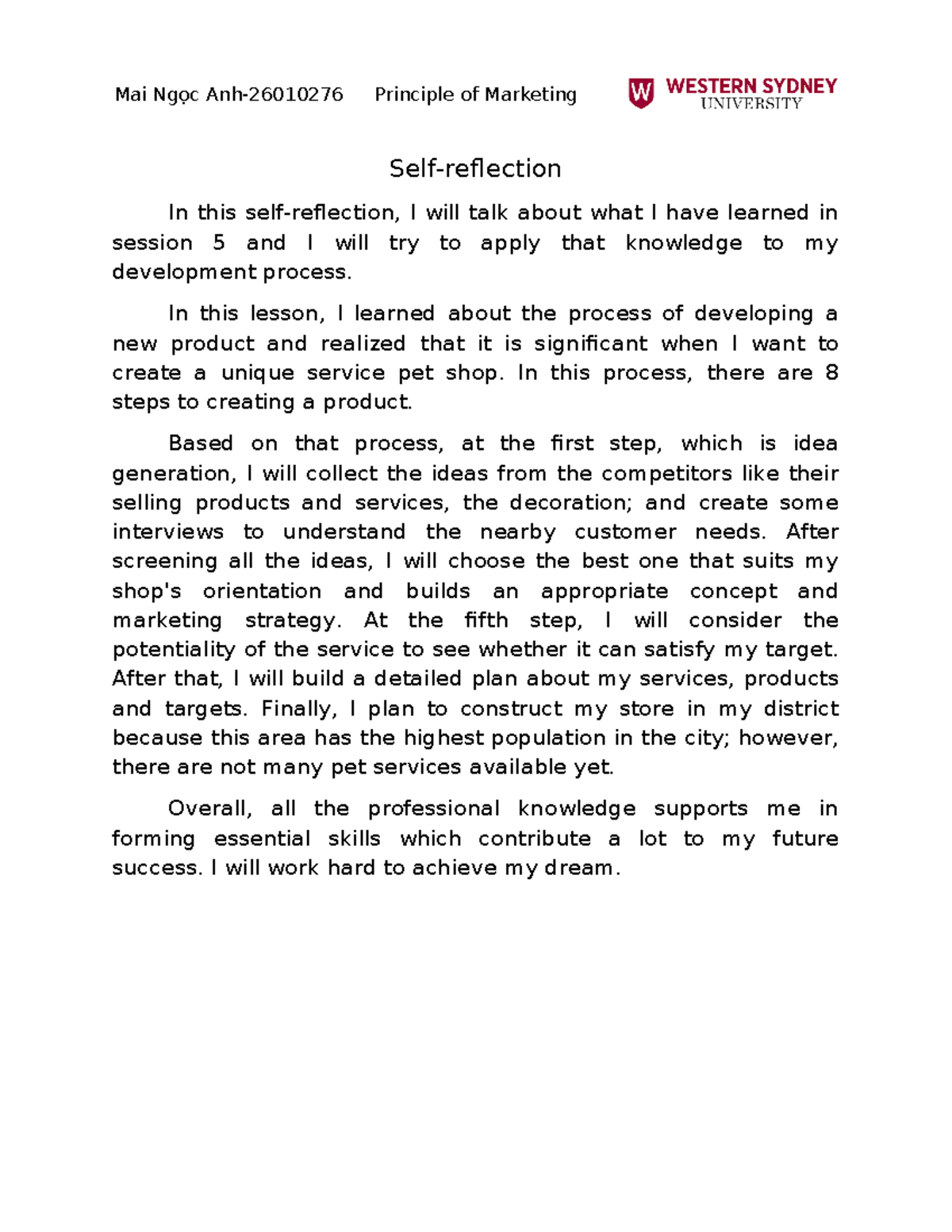 Self-Reflection on Principles of Marketing (MNA) - Studocu