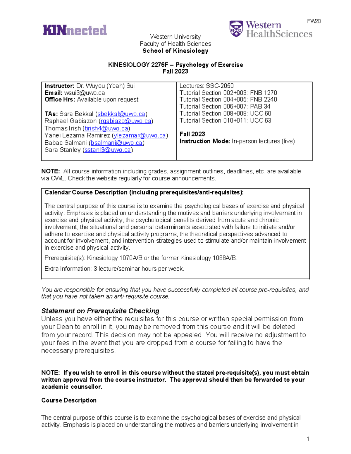 KINESIOLOGY 2276F - Psychology of Exercise Course Outline Fall 2023 ...