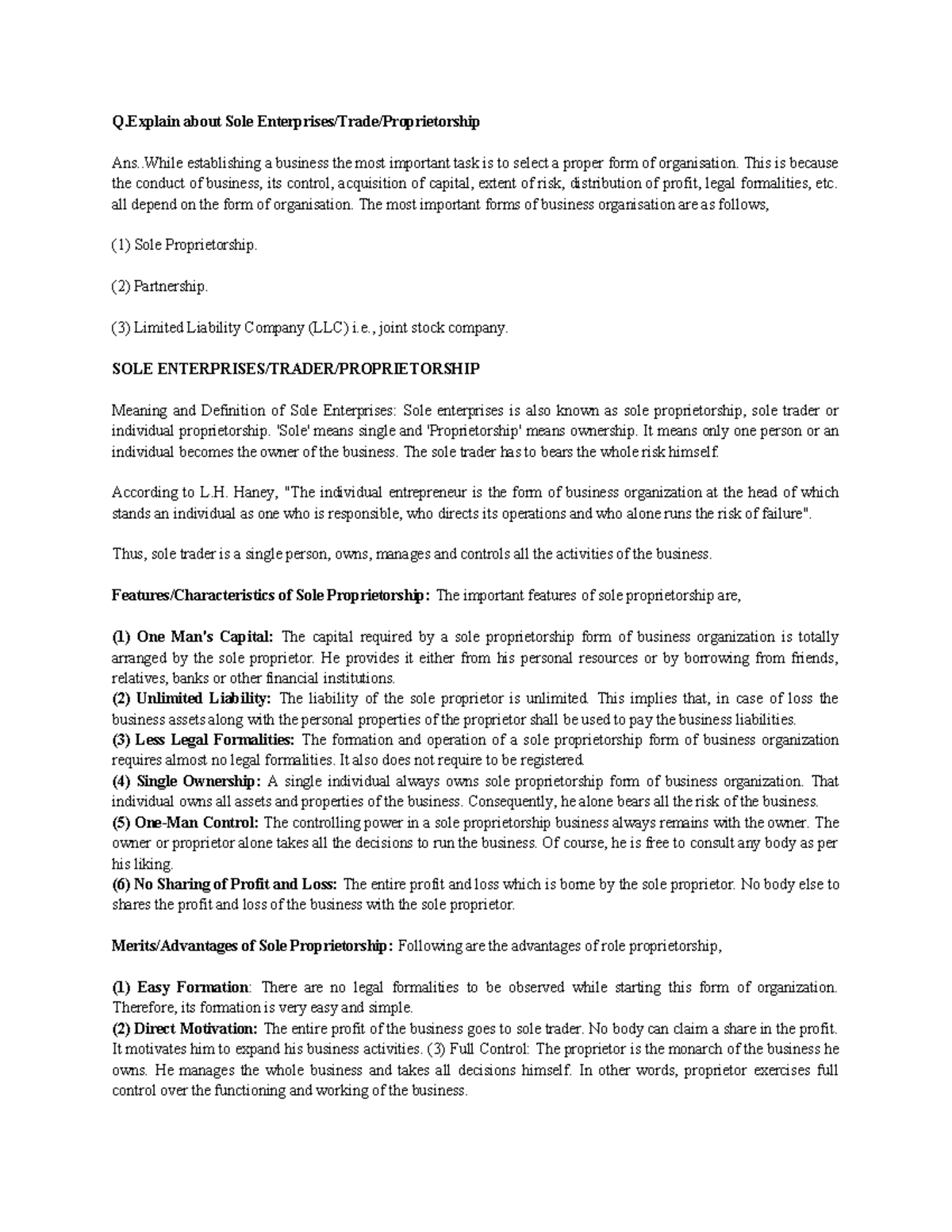 BEFA UNIT-I Essay Questions on Sole Proprietorship & Partnership - Studocu