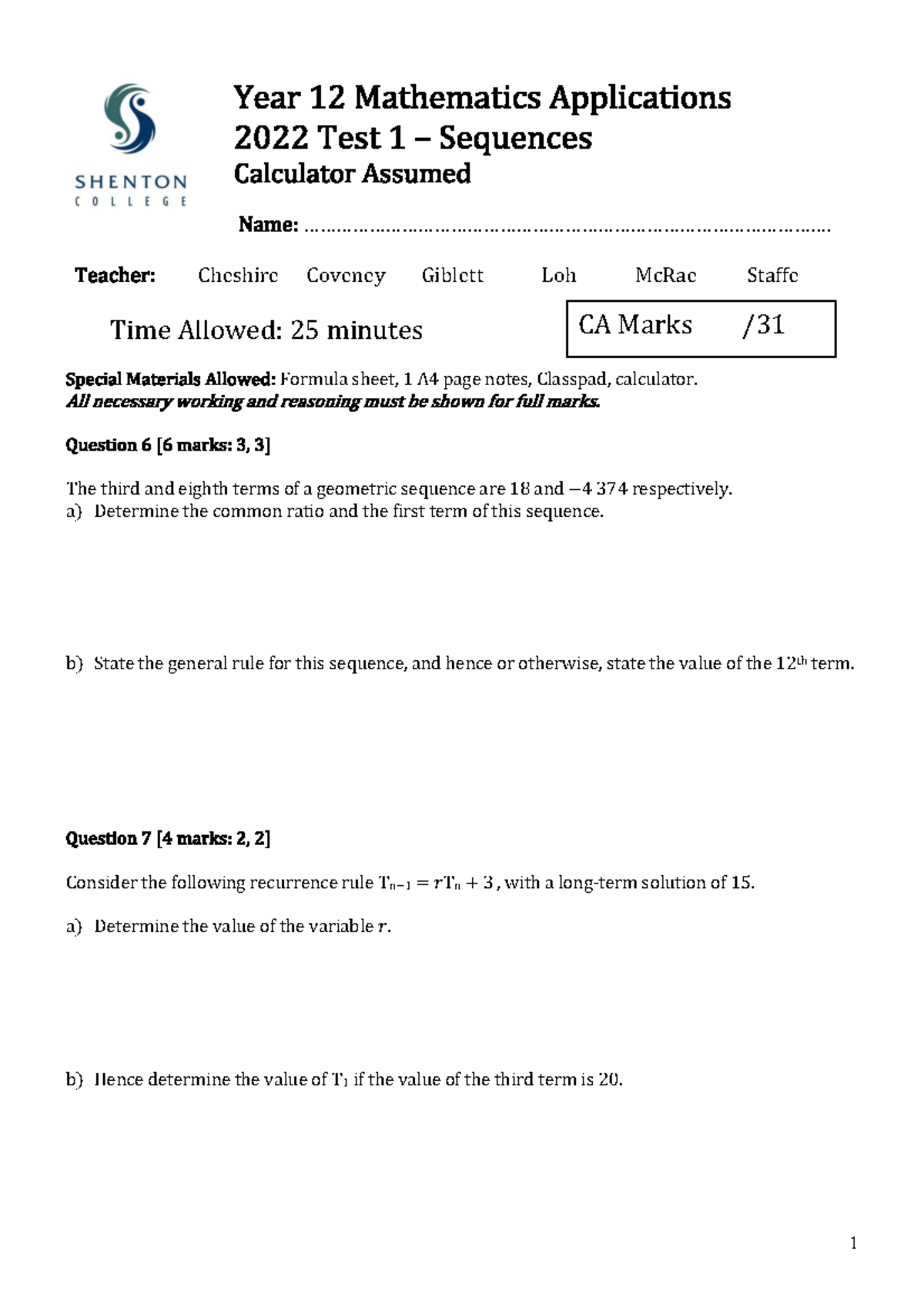 2022 Year 12 Mathematics Applications Test 1 - Sequences - CA - Studocu