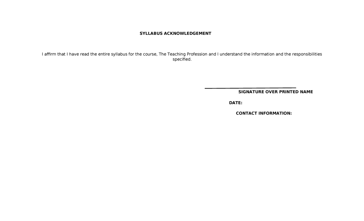 Syllabus Acknowledgment for Teaching Profession & NSTP 1&2 Courses ...