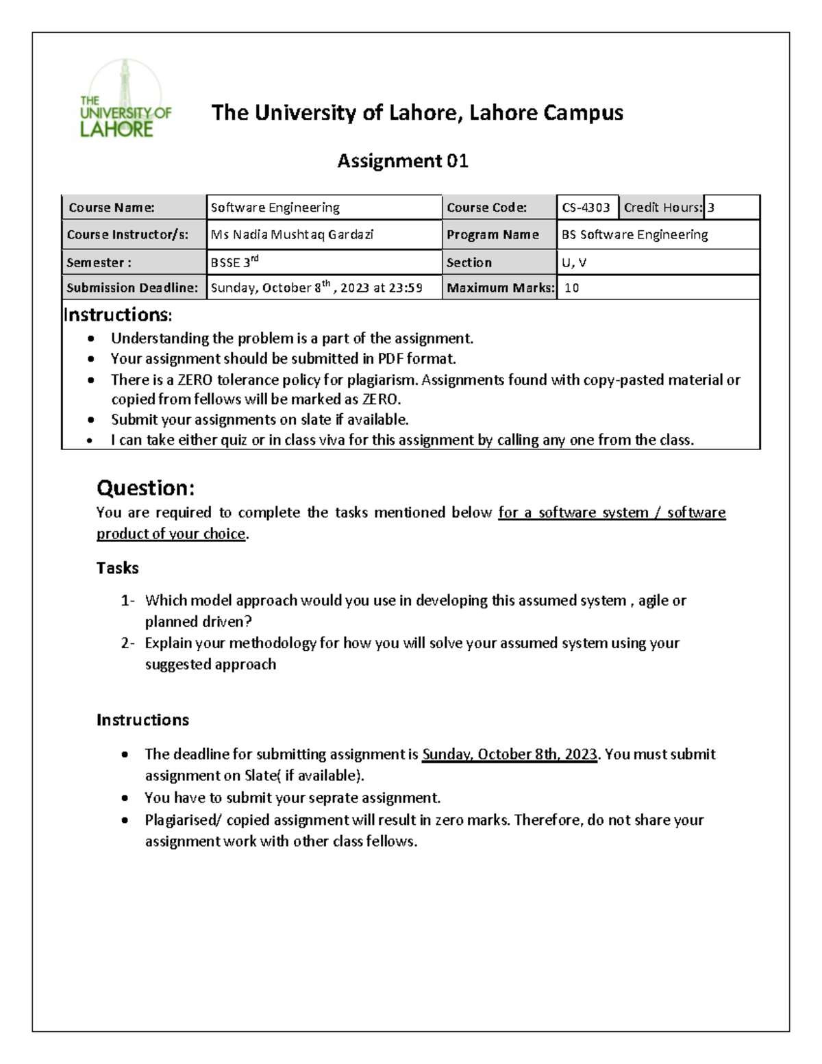 CS-4303 Assignment #1: Software Engineering Task Overview - Studocu