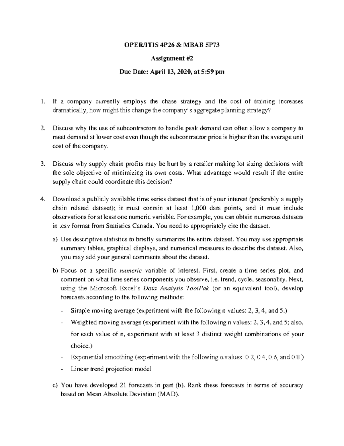 OPER/ITIS 4P26 & MBAB 5P Assignment 2: Exploring Aggregate Planning ...