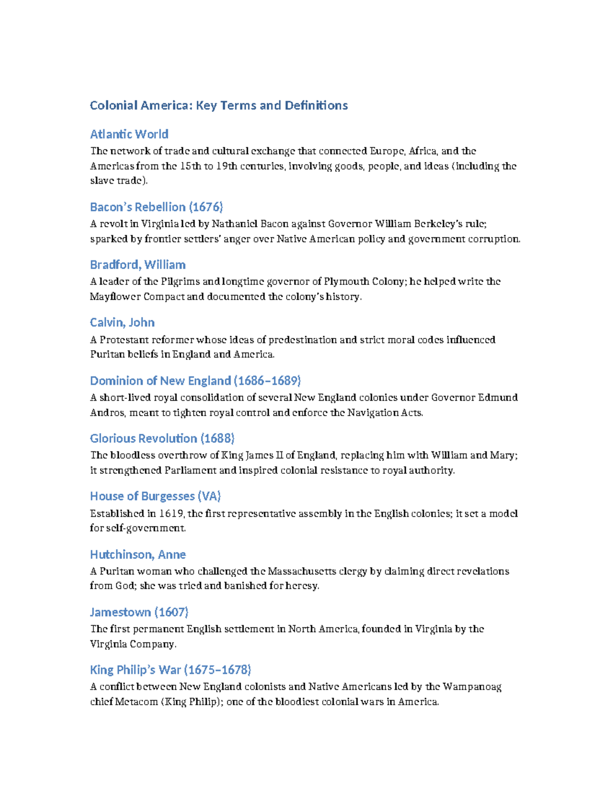 Colonial America: Key Terms & Definitions for History Study - Studocu