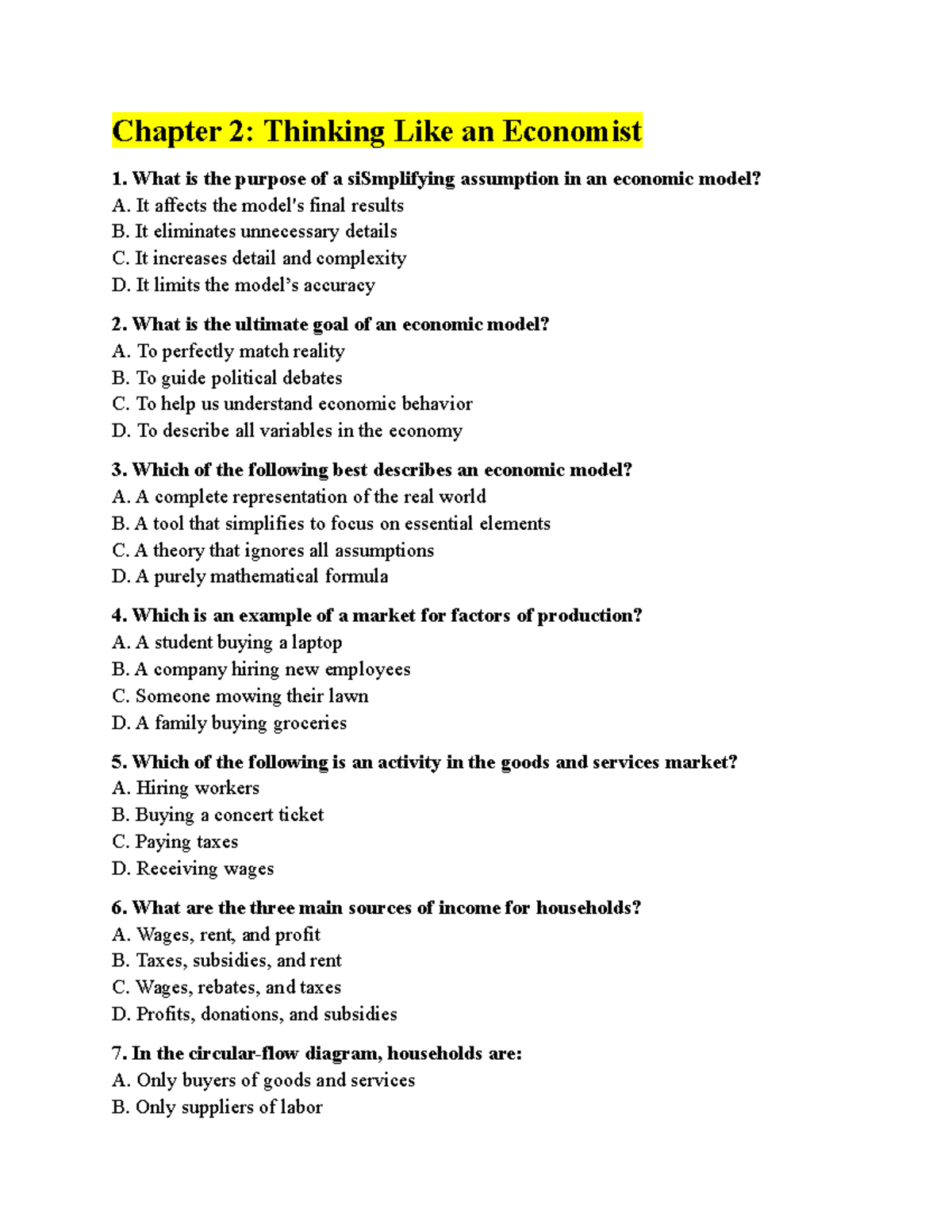 Chapter 2: Microeconomics Quiz - Thinking Like an Economist - Studocu